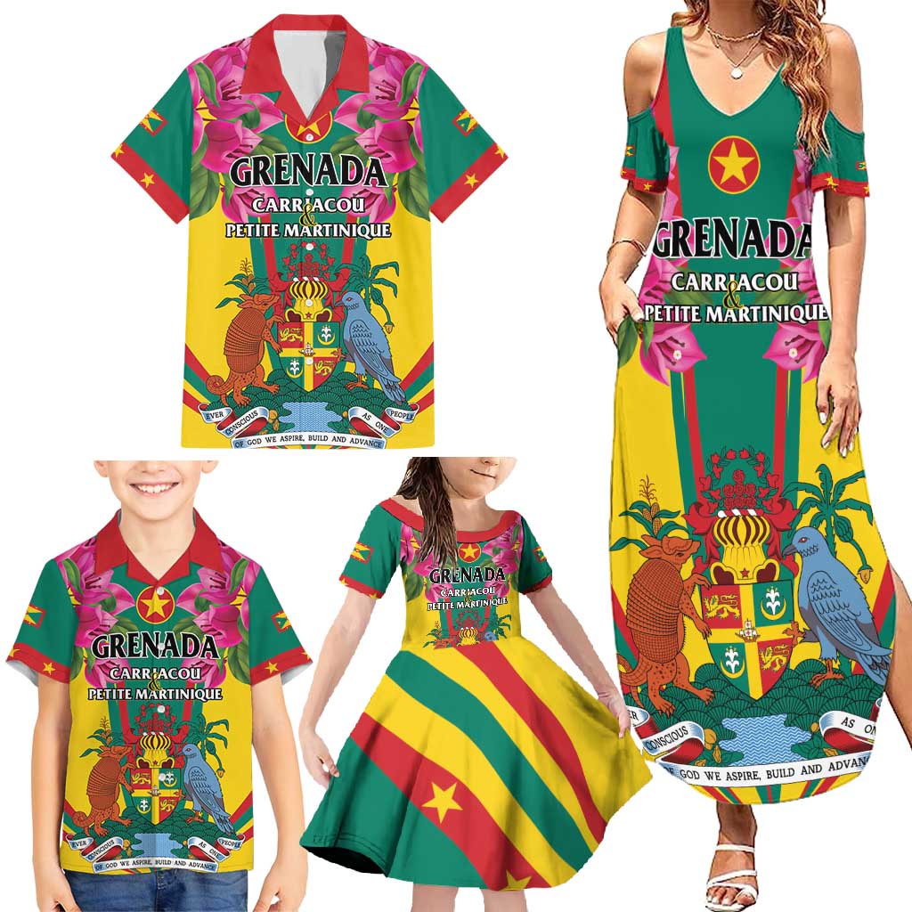 Personalized Carriacou and Petite Martinique Family Matching Summer Maxi Dress and Hawaiian Shirt Bougainvillea Flowers