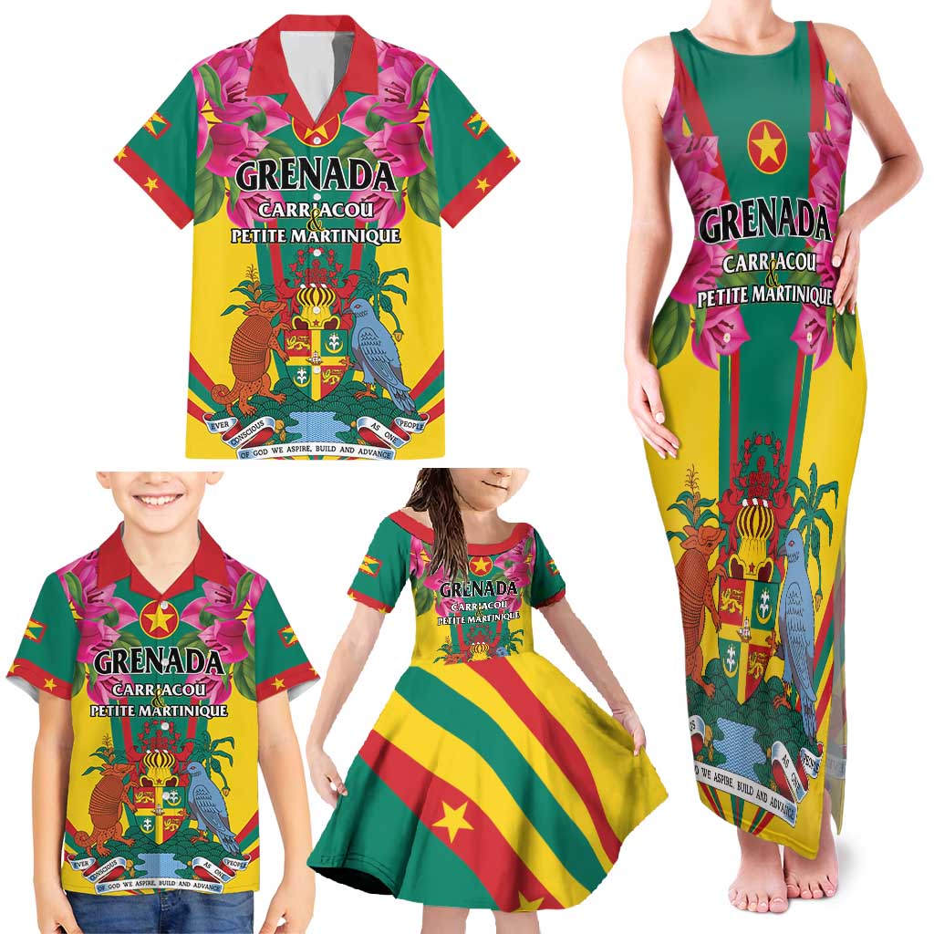 Personalized Carriacou and Petite Martinique Family Matching Tank Maxi Dress and Hawaiian Shirt Bougainvillea Flowers