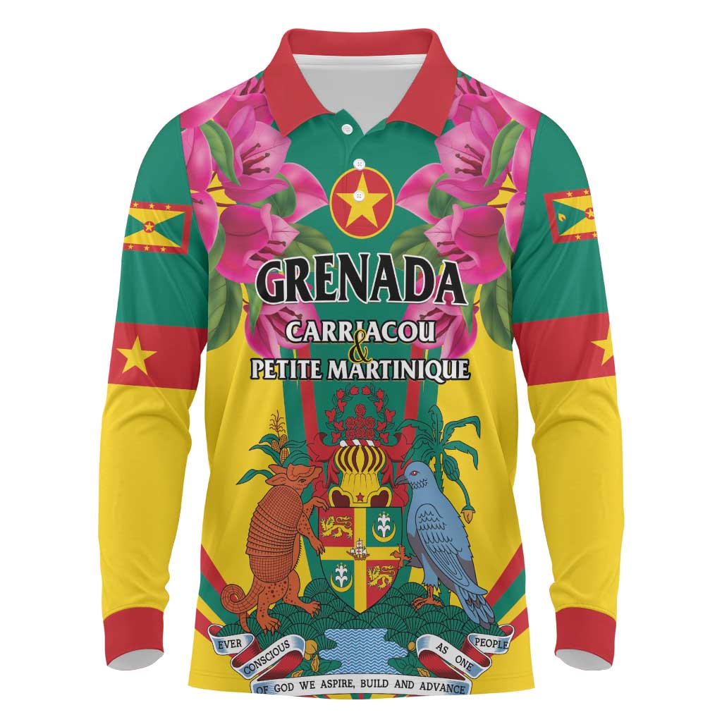 Personalized Carriacou and Petite Martinique Long Sleeve Polo Shirt Bougainvillea Flowers