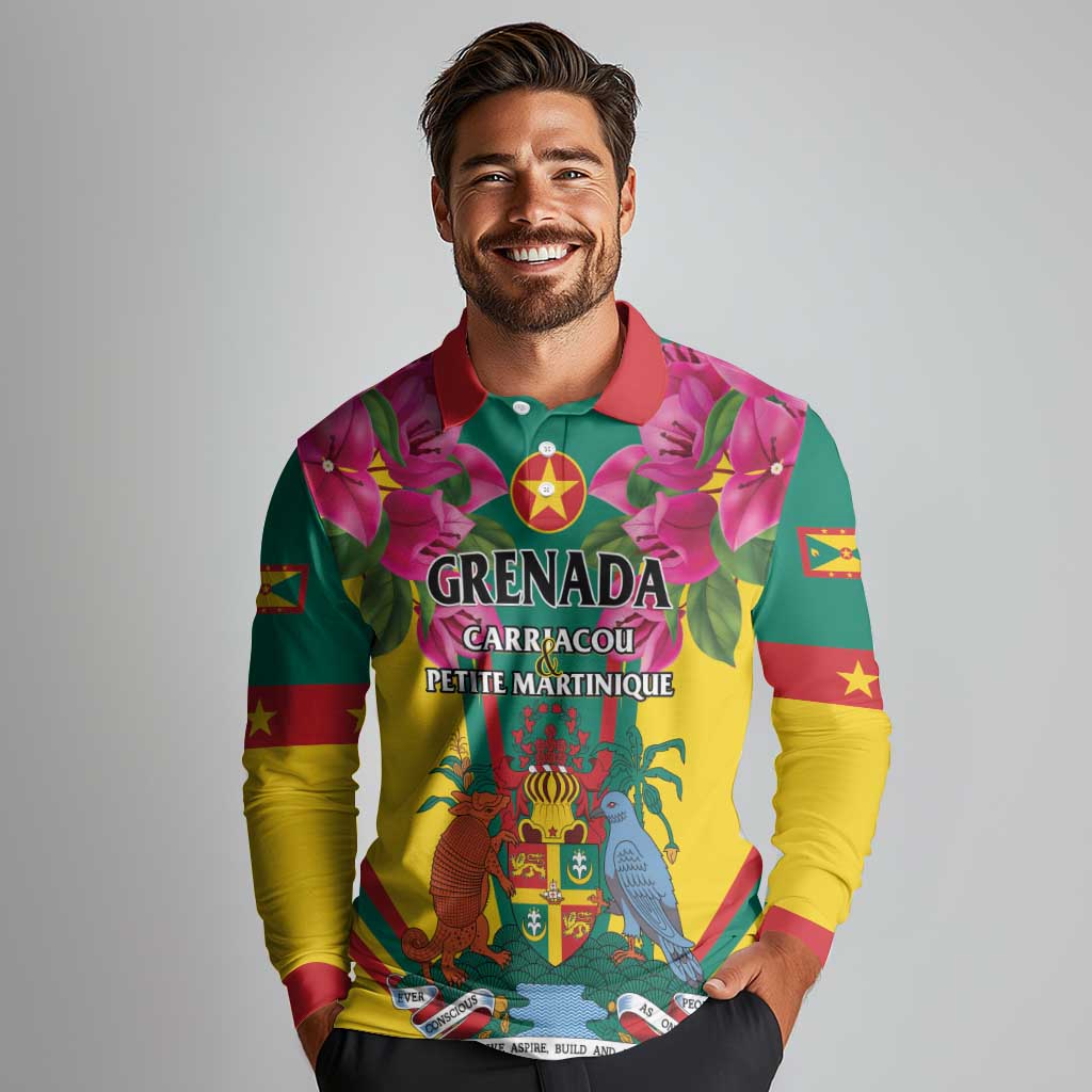 Personalized Carriacou and Petite Martinique Long Sleeve Polo Shirt Bougainvillea Flowers