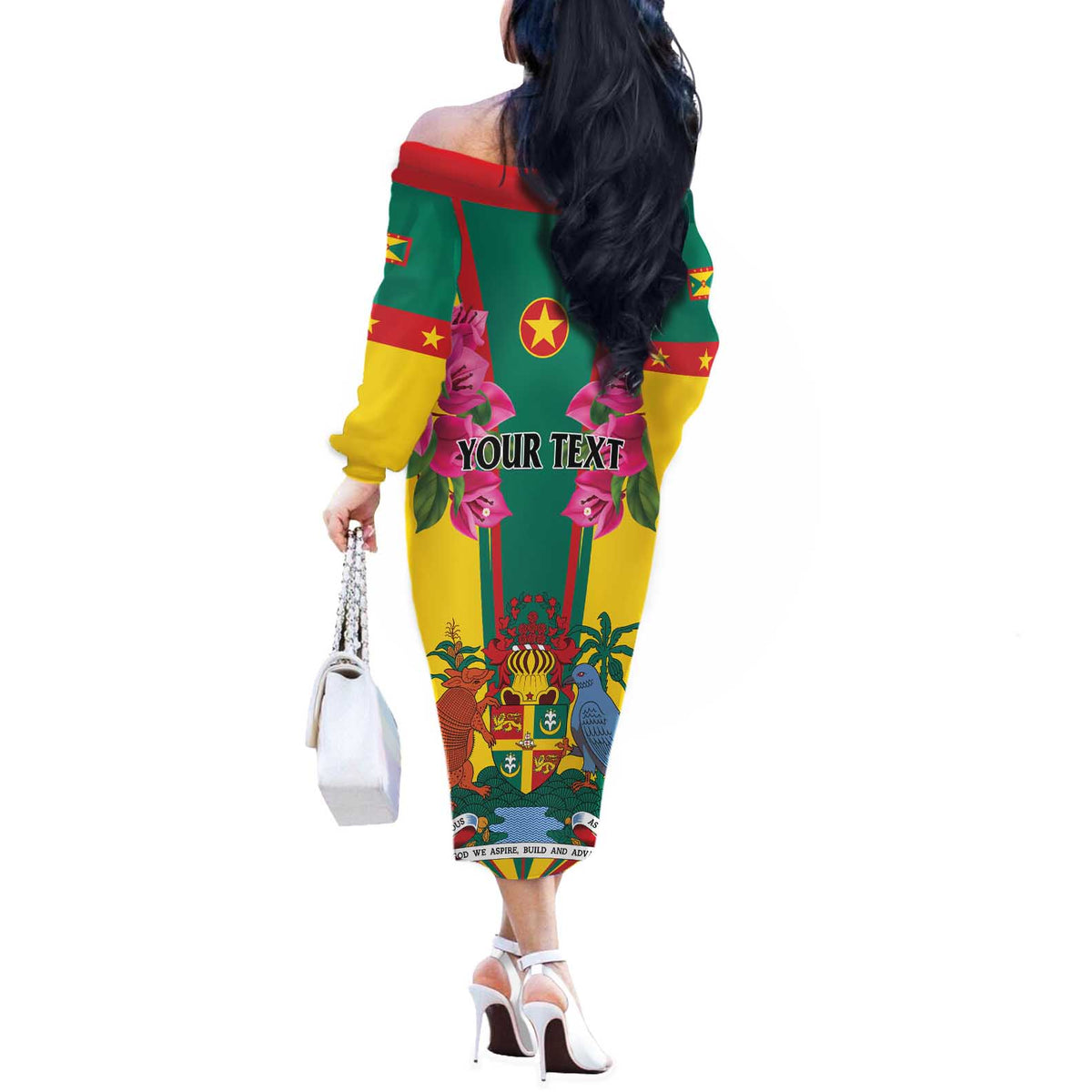 Personalized Carriacou and Petite Martinique Off The Shoulder Long Sleeve Dress Bougainvillea Flowers