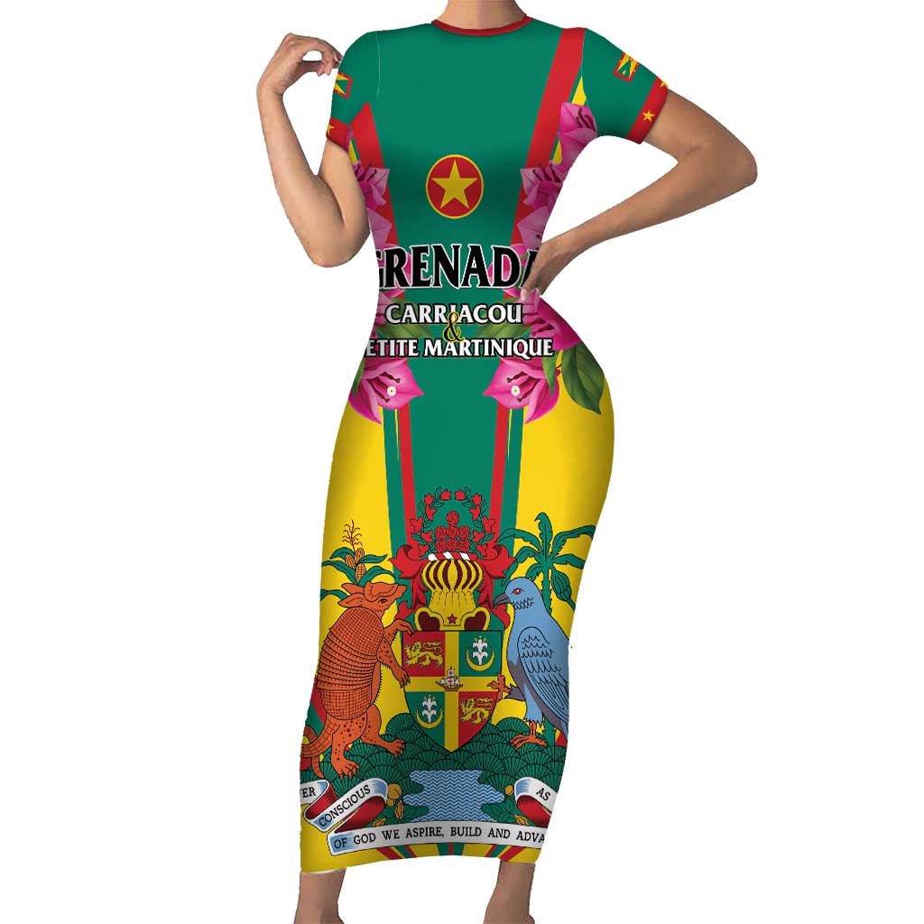 Personalized Carriacou and Petite Martinique Short Sleeve Bodycon Dress Bougainvillea Flowers - Wonder Print Shop