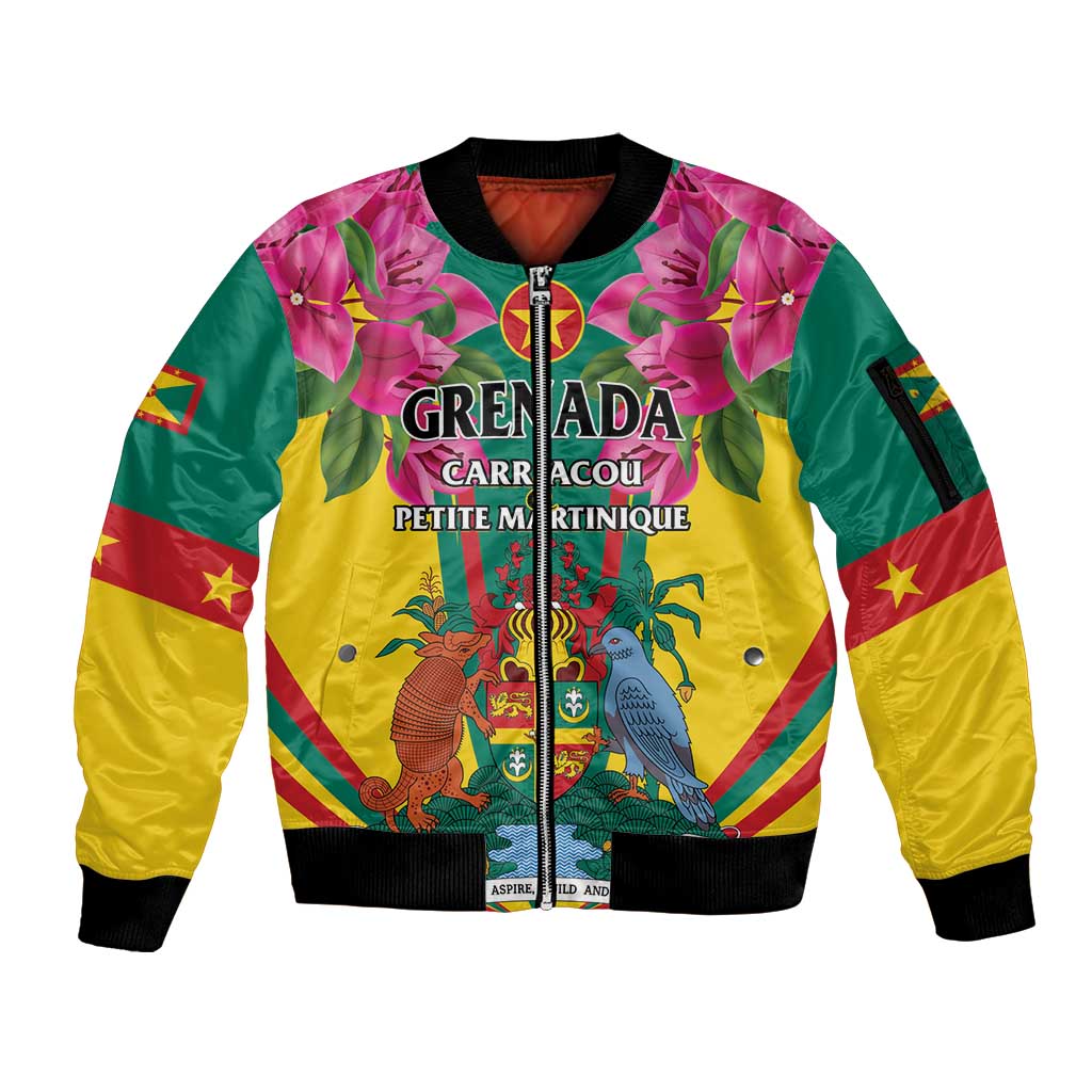 Personalized Carriacou and Petite Martinique Sleeve Zip Bomber Jacket Bougainvillea Flowers - Wonder Print Shop