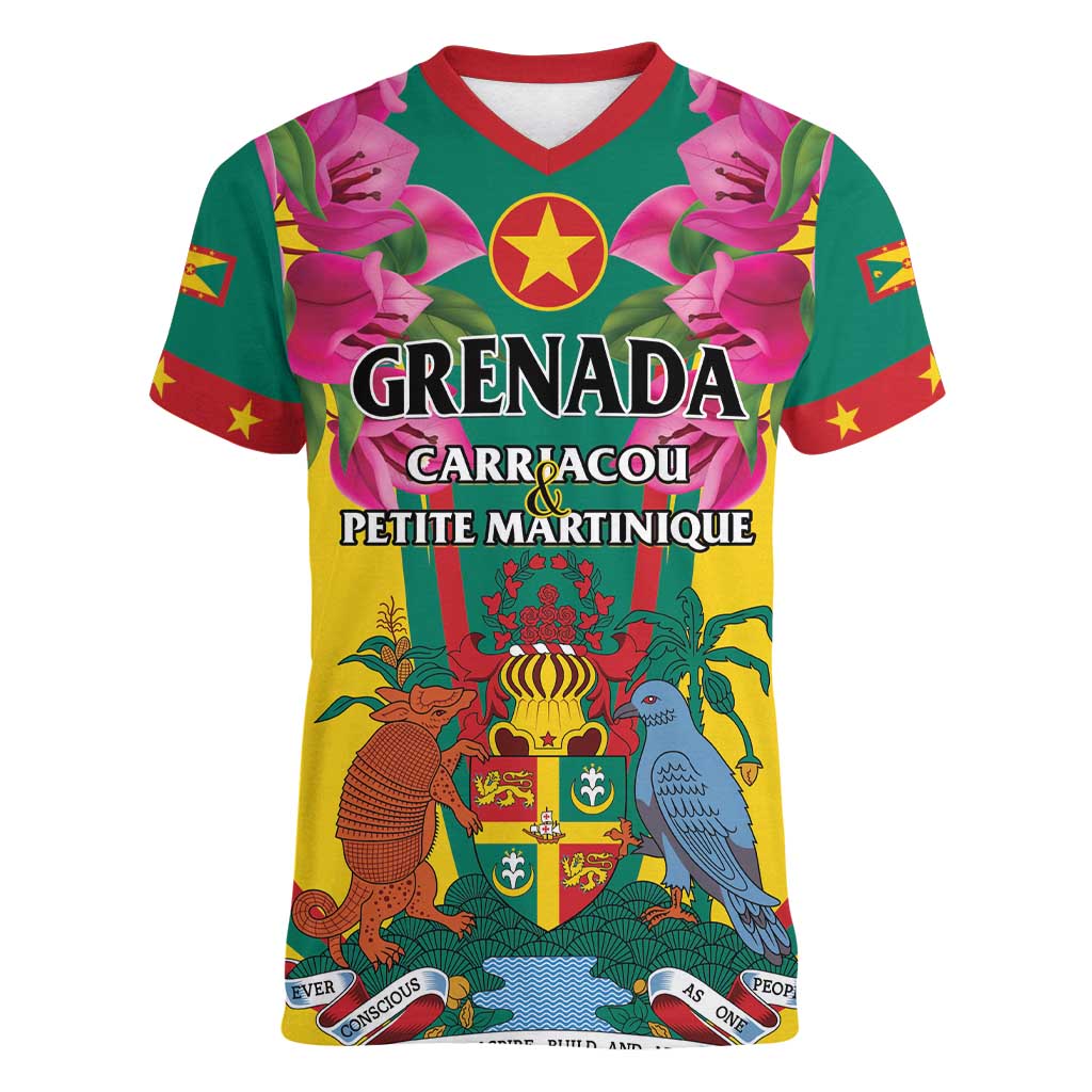 Personalized Carriacou and Petite Martinique Women V-Neck T-Shirt Bougainvillea Flowers - Wonder Print Shop