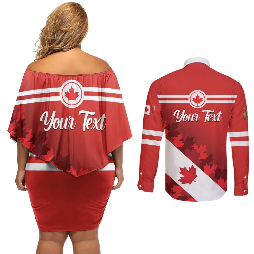 Personalised Canada Maple Leaf Couples Matching Off Shoulder Short Dress and Long Sleeve Button Shirt A mari usque ad mare