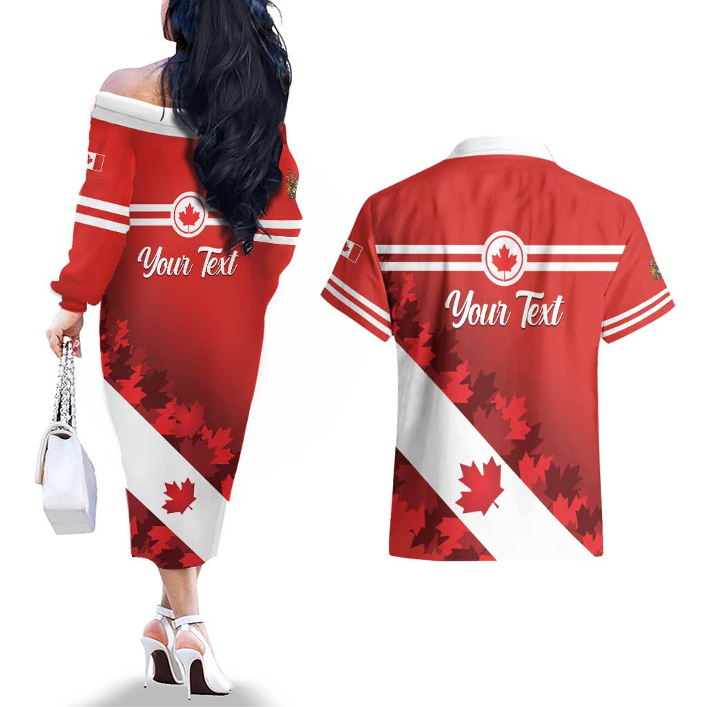 Personalised Canada Maple Leaf Couples Matching Off The Shoulder Long Sleeve Dress and Hawaiian Shirt A mari usque ad mare