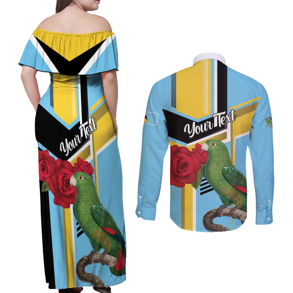 Personalized Saint Lucia Couples Matching Off Shoulder Maxi Dress and Long Sleeve Button Shirt Jacquot Parrot Rosie Floral