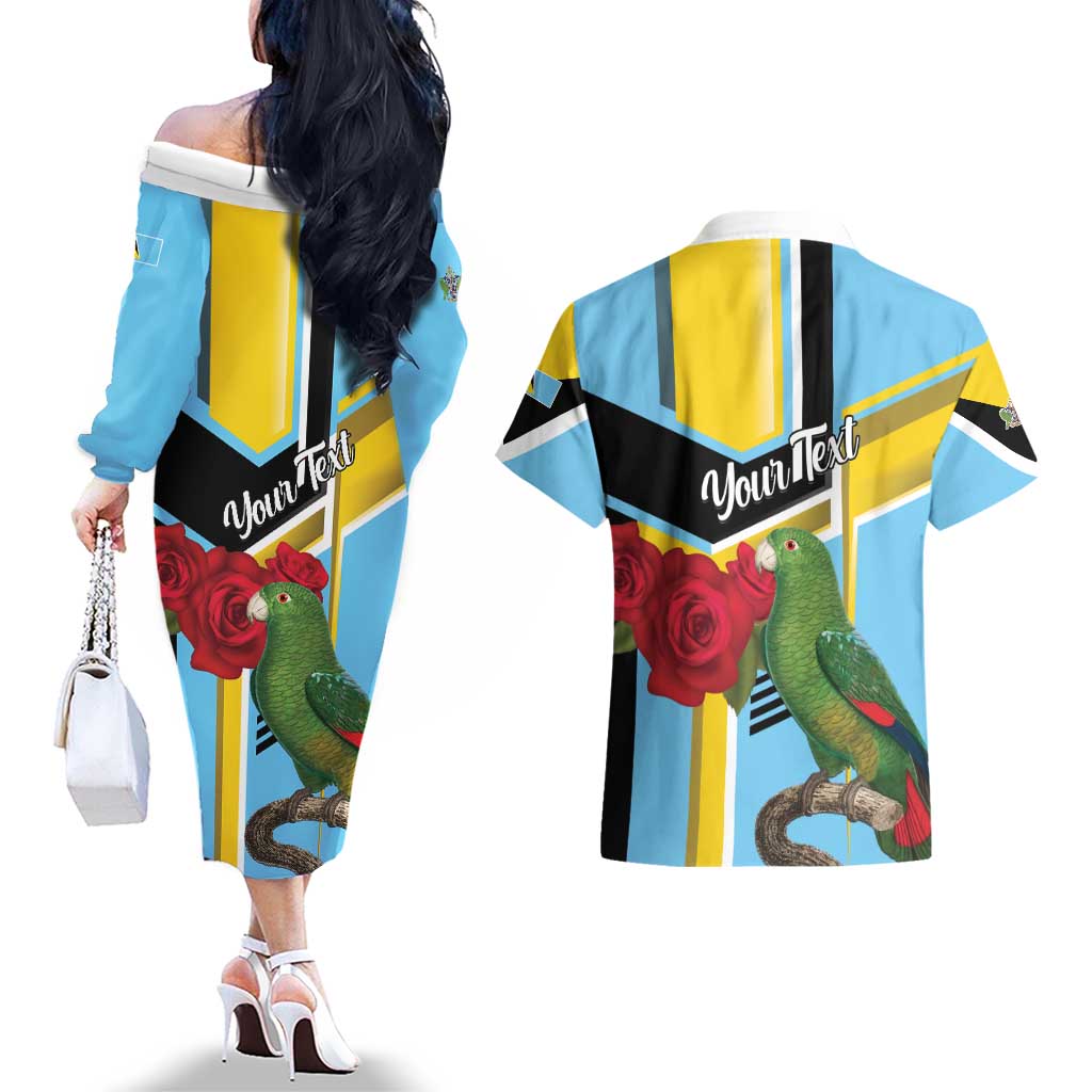 Personalized Saint Lucia Couples Matching Off The Shoulder Long Sleeve Dress and Hawaiian Shirt Jacquot Parrot Rosie Floral