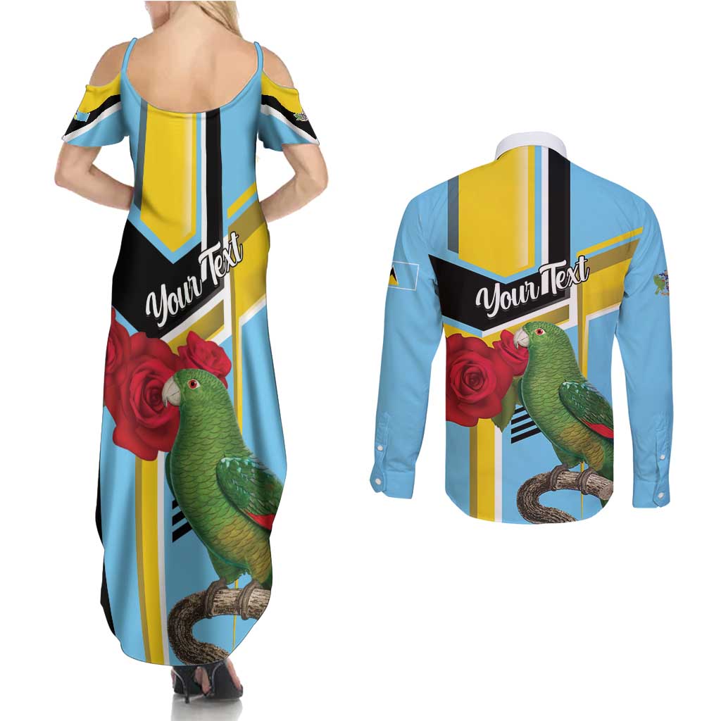 Personalized Saint Lucia Couples Matching Summer Maxi Dress and Long Sleeve Button Shirt Jacquot Parrot Rosie Floral
