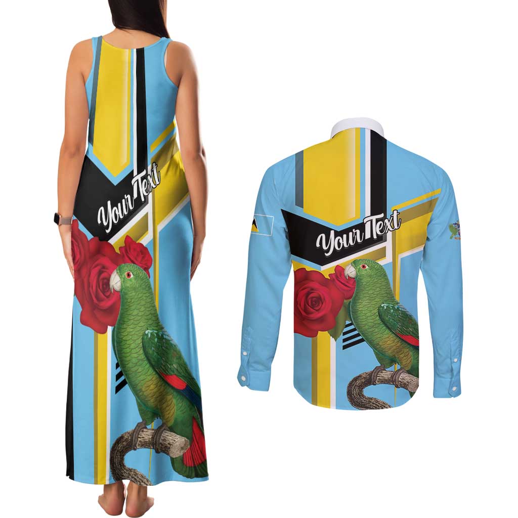 Personalized Saint Lucia Couples Matching Tank Maxi Dress and Long Sleeve Button Shirt Jacquot Parrot Rosie Floral