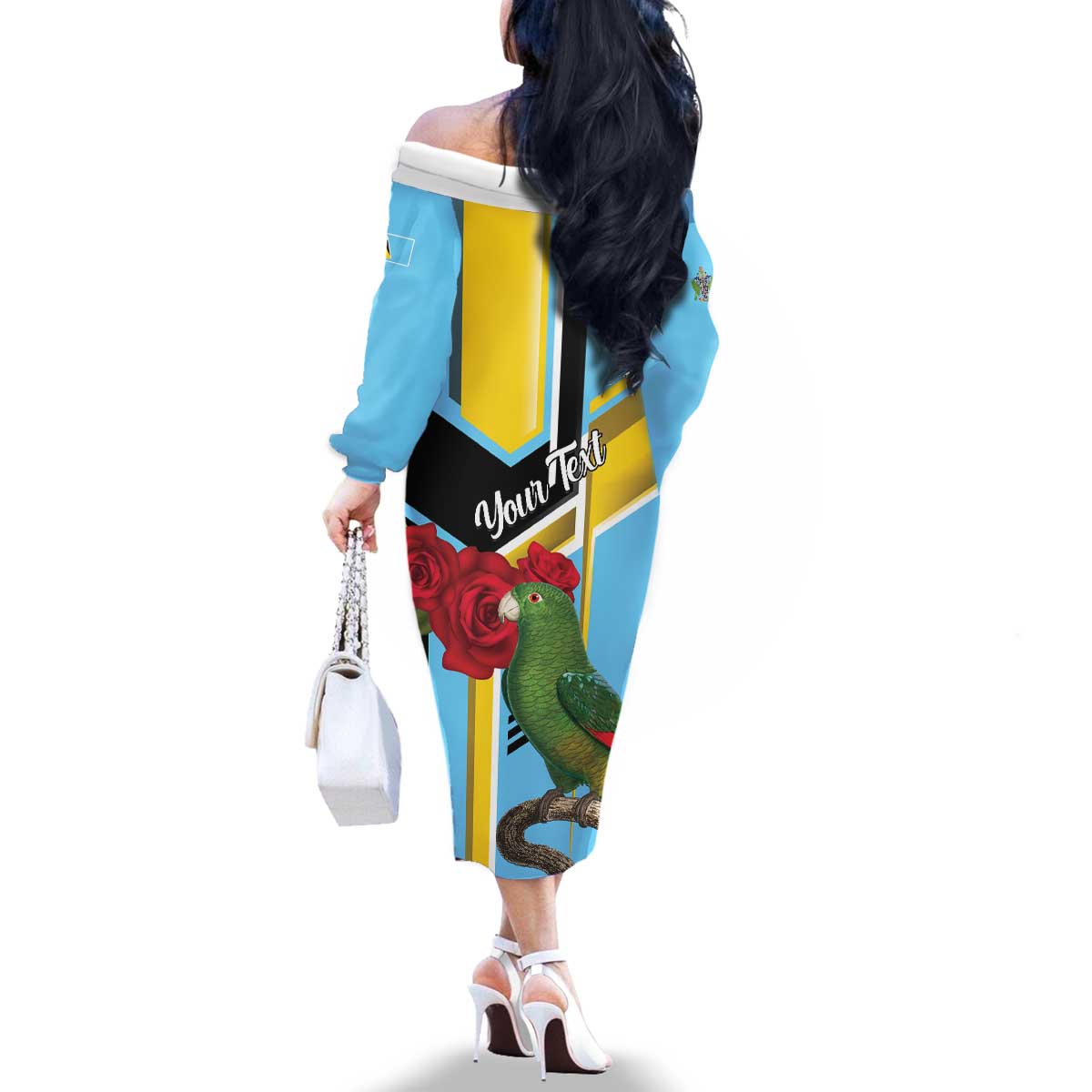 Personalized Saint Lucia Family Matching Off The Shoulder Long Sleeve Dress and Hawaiian Shirt Jacquot Parrot Rosie Floral