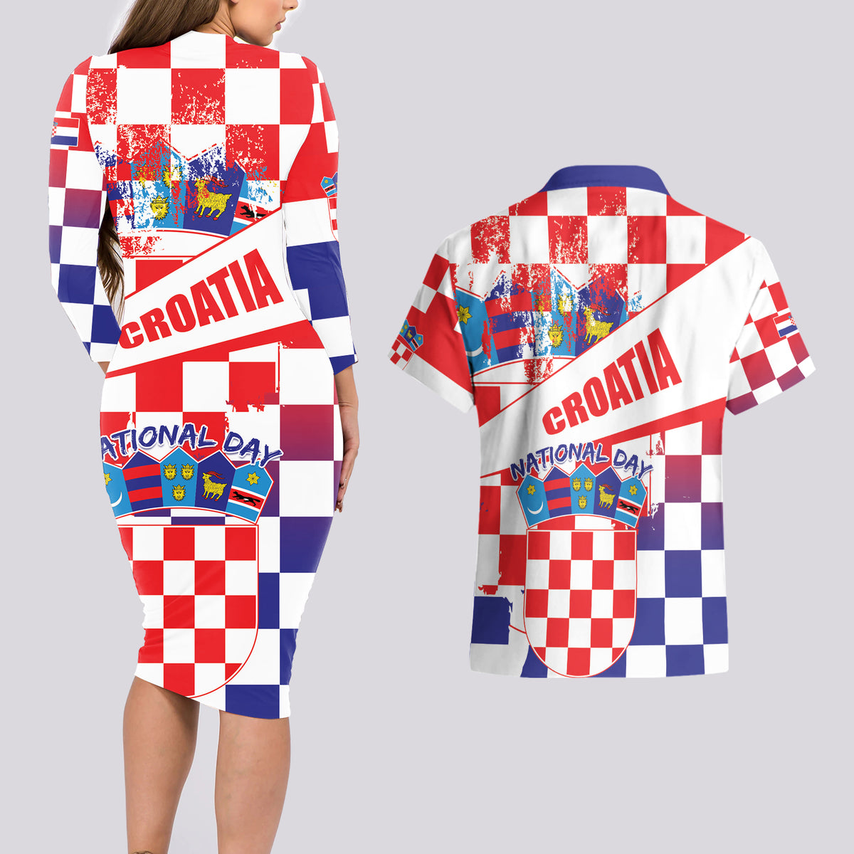 Croatia National Day 2024 Couples Matching Long Sleeve Bodycon Dress and Hawaiian Shirt Hrvatska Dan drzavnosti - Wonder Print Shop