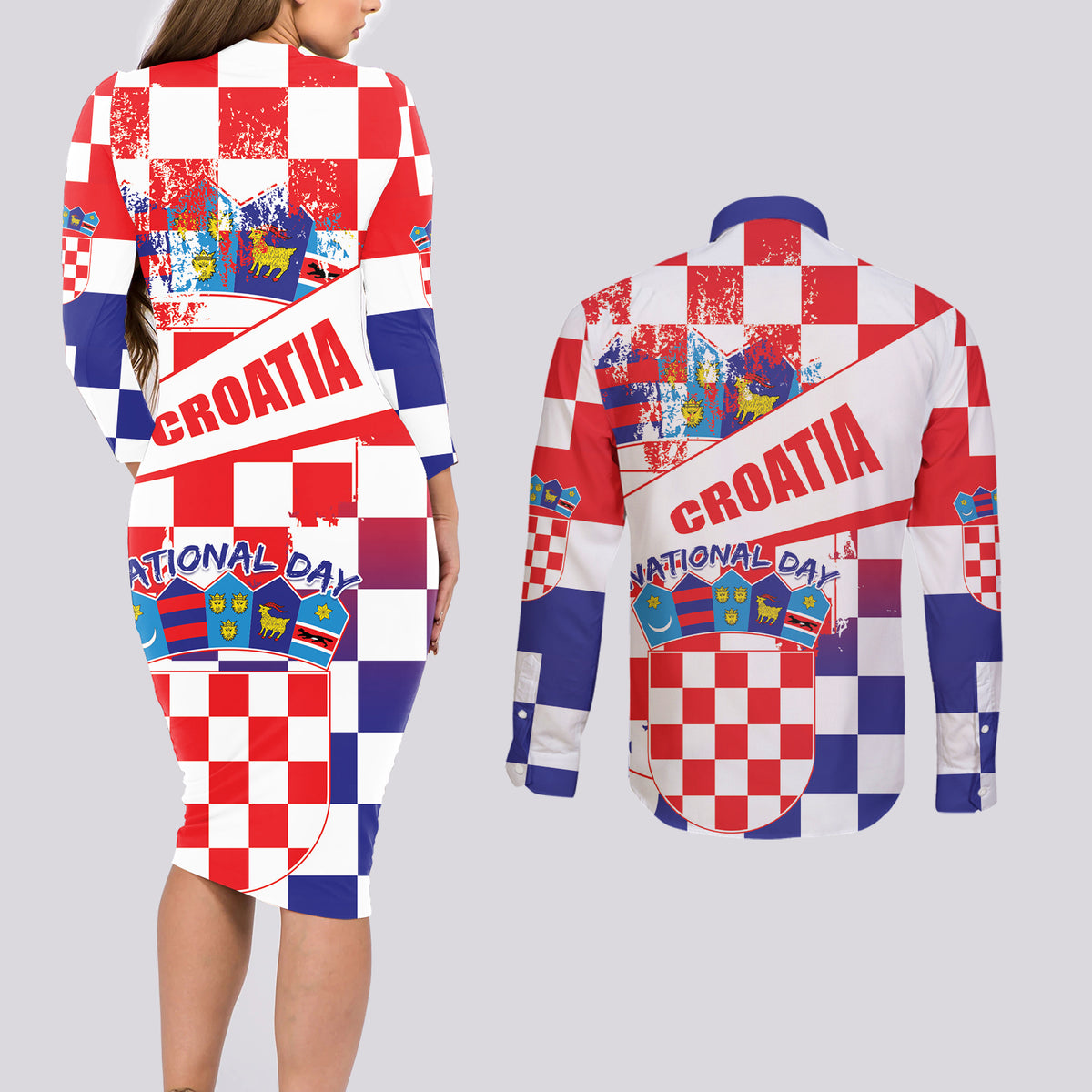 Croatia National Day 2024 Couples Matching Long Sleeve Bodycon Dress and Long Sleeve Button Shirt Hrvatska Dan drzavnosti - Wonder Print Shop