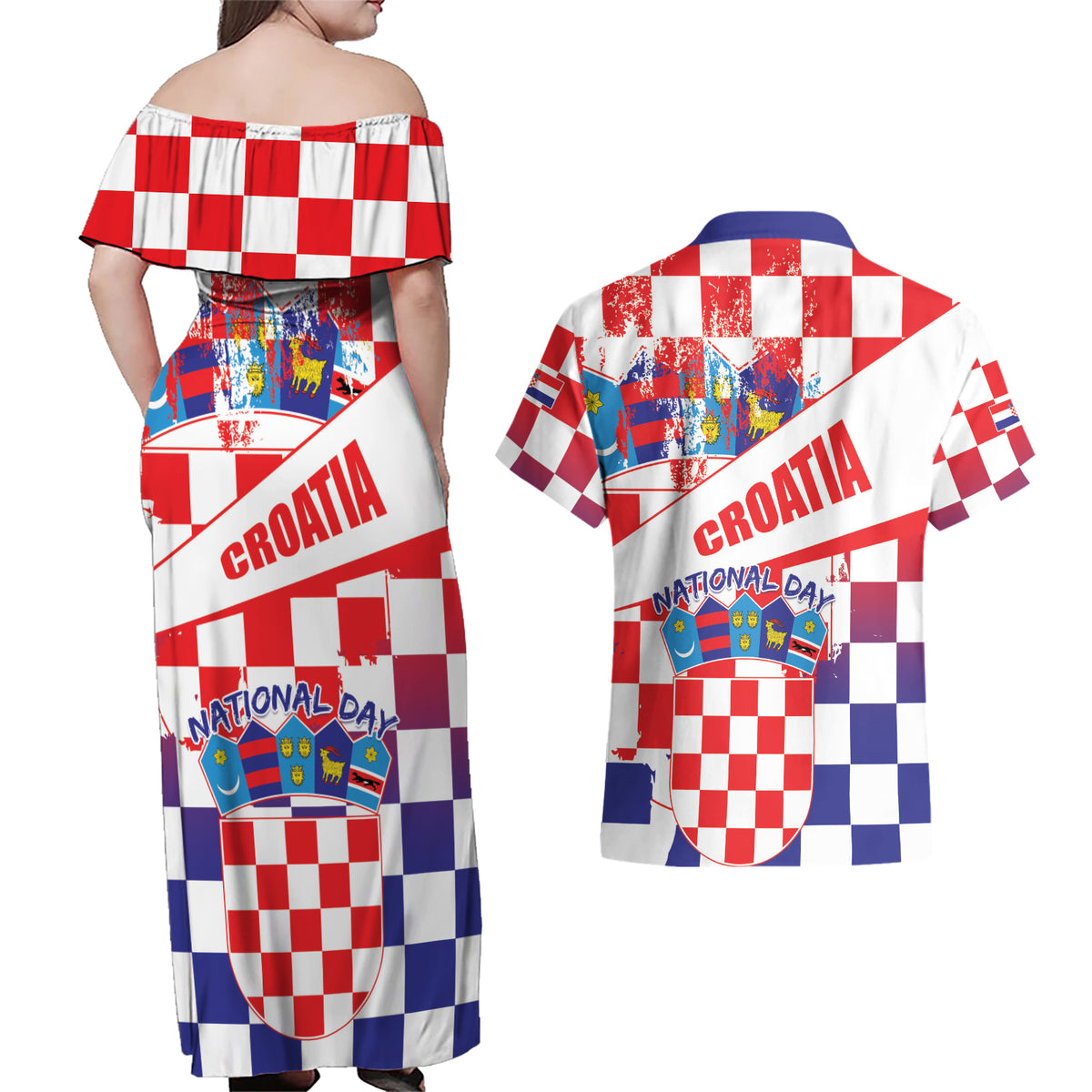 Croatia National Day 2024 Couples Matching Off Shoulder Maxi Dress and Hawaiian Shirt Hrvatska Dan drzavnosti - Wonder Print Shop