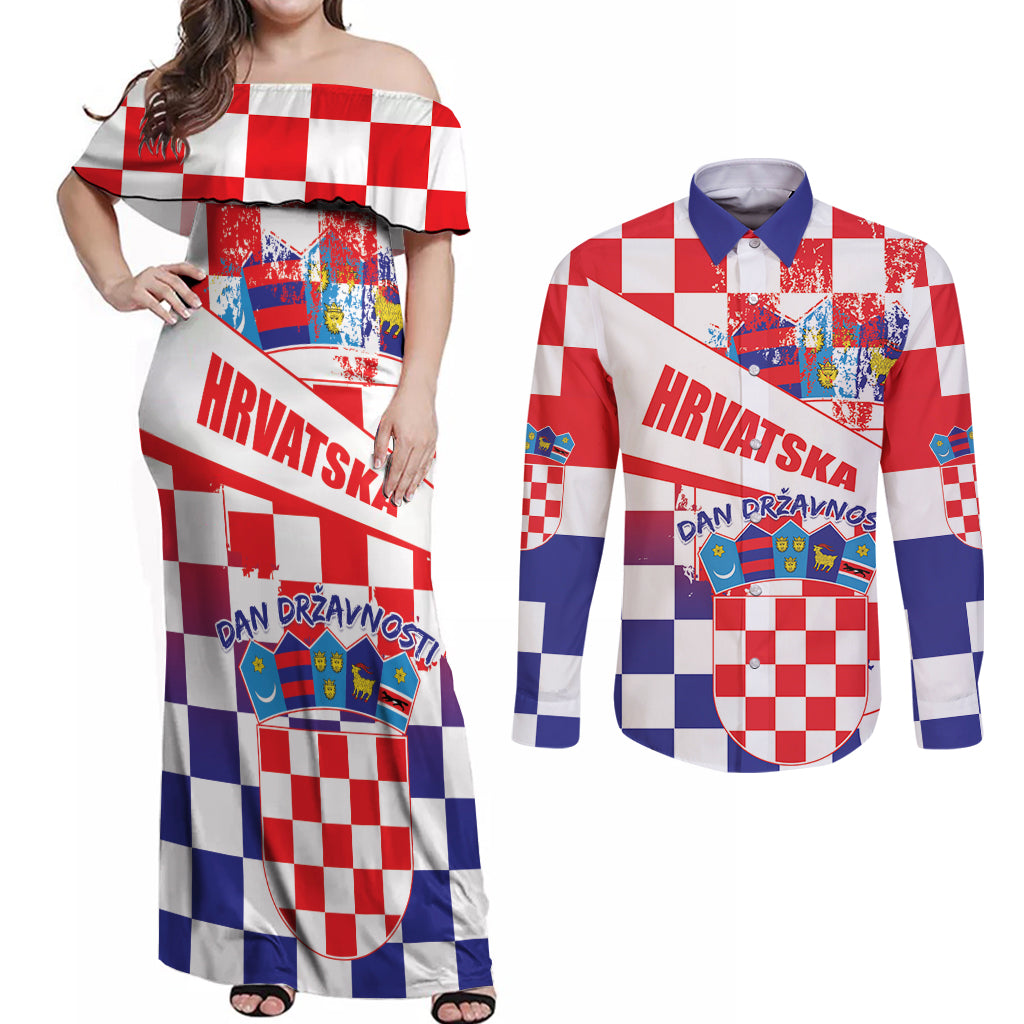 Croatia National Day 2024 Couples Matching Off Shoulder Maxi Dress and Long Sleeve Button Shirt Hrvatska Dan drzavnosti - Wonder Print Shop