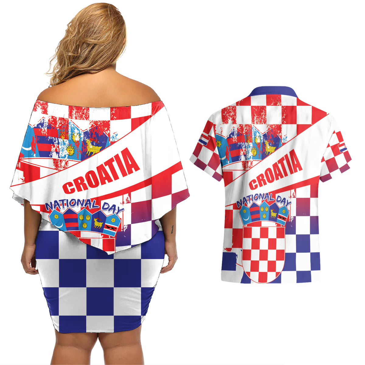 Croatia National Day 2024 Couples Matching Off Shoulder Short Dress and Hawaiian Shirt Hrvatska Dan drzavnosti - Wonder Print Shop