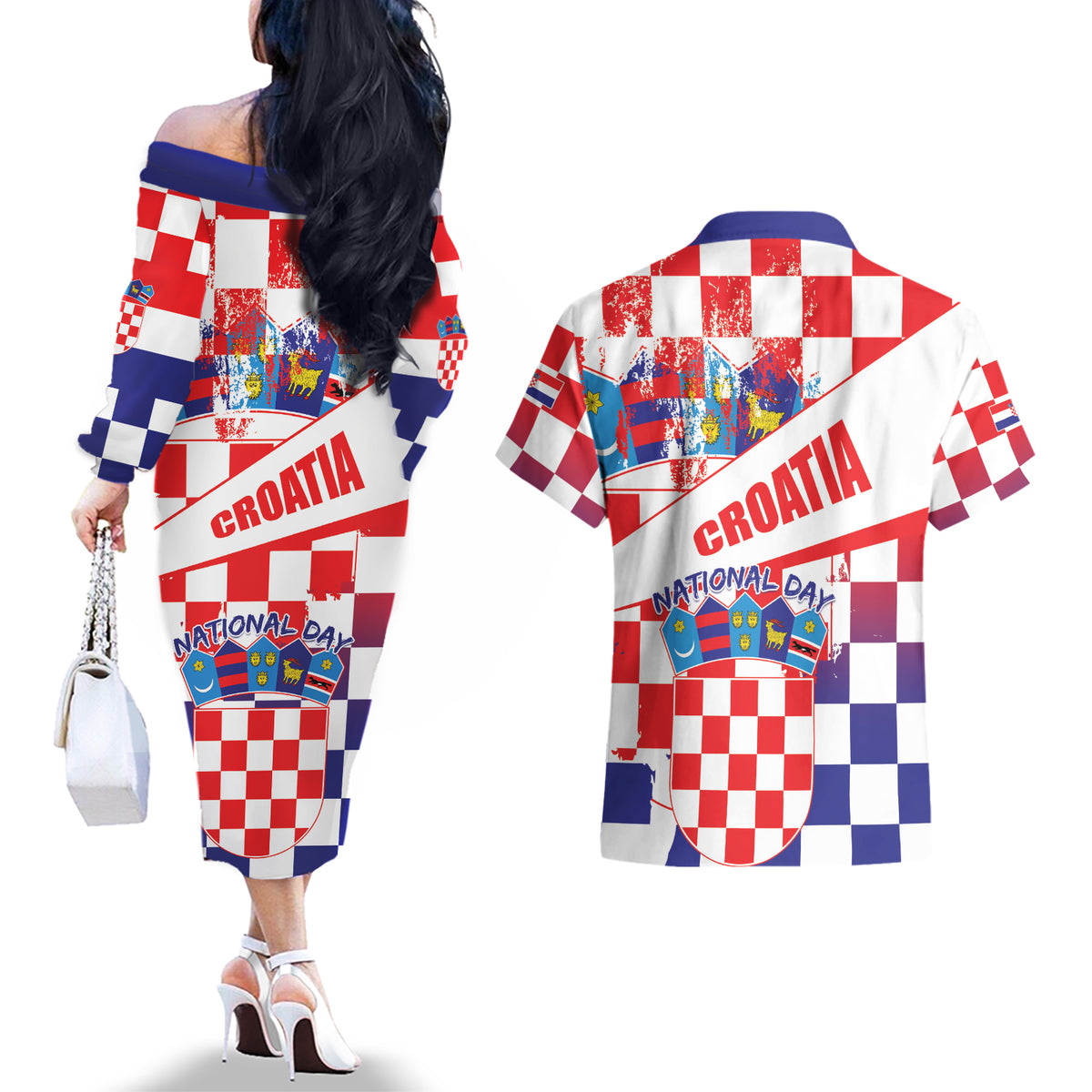 Croatia National Day 2024 Couples Matching Off The Shoulder Long Sleeve Dress and Hawaiian Shirt Hrvatska Dan drzavnosti - Wonder Print Shop