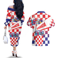 Croatia National Day 2024 Couples Matching Off The Shoulder Long Sleeve Dress and Hawaiian Shirt Hrvatska Dan drzavnosti - Wonder Print Shop