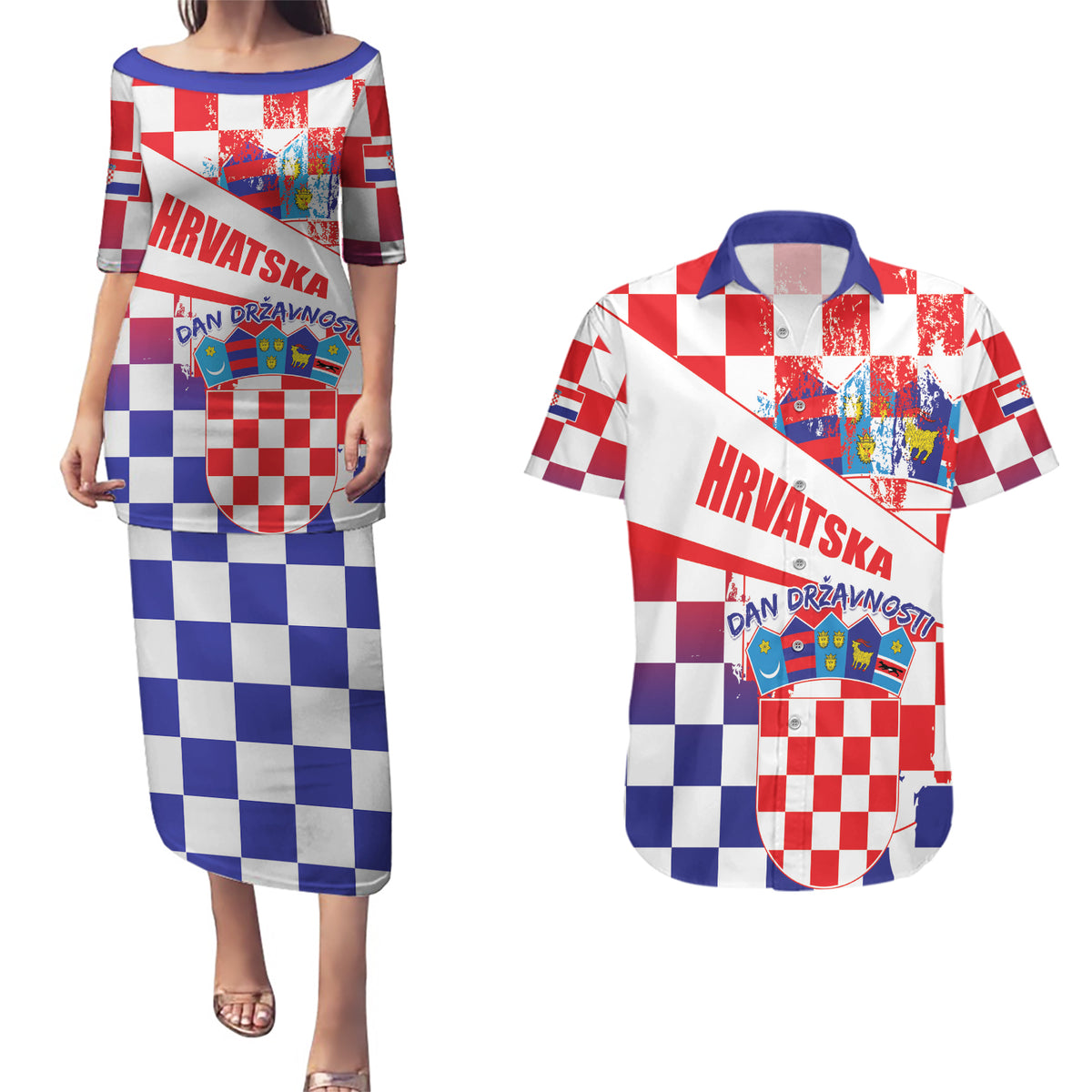 Croatia National Day 2024 Couples Matching Puletasi and Hawaiian Shirt Hrvatska Dan drzavnosti - Wonder Print Shop