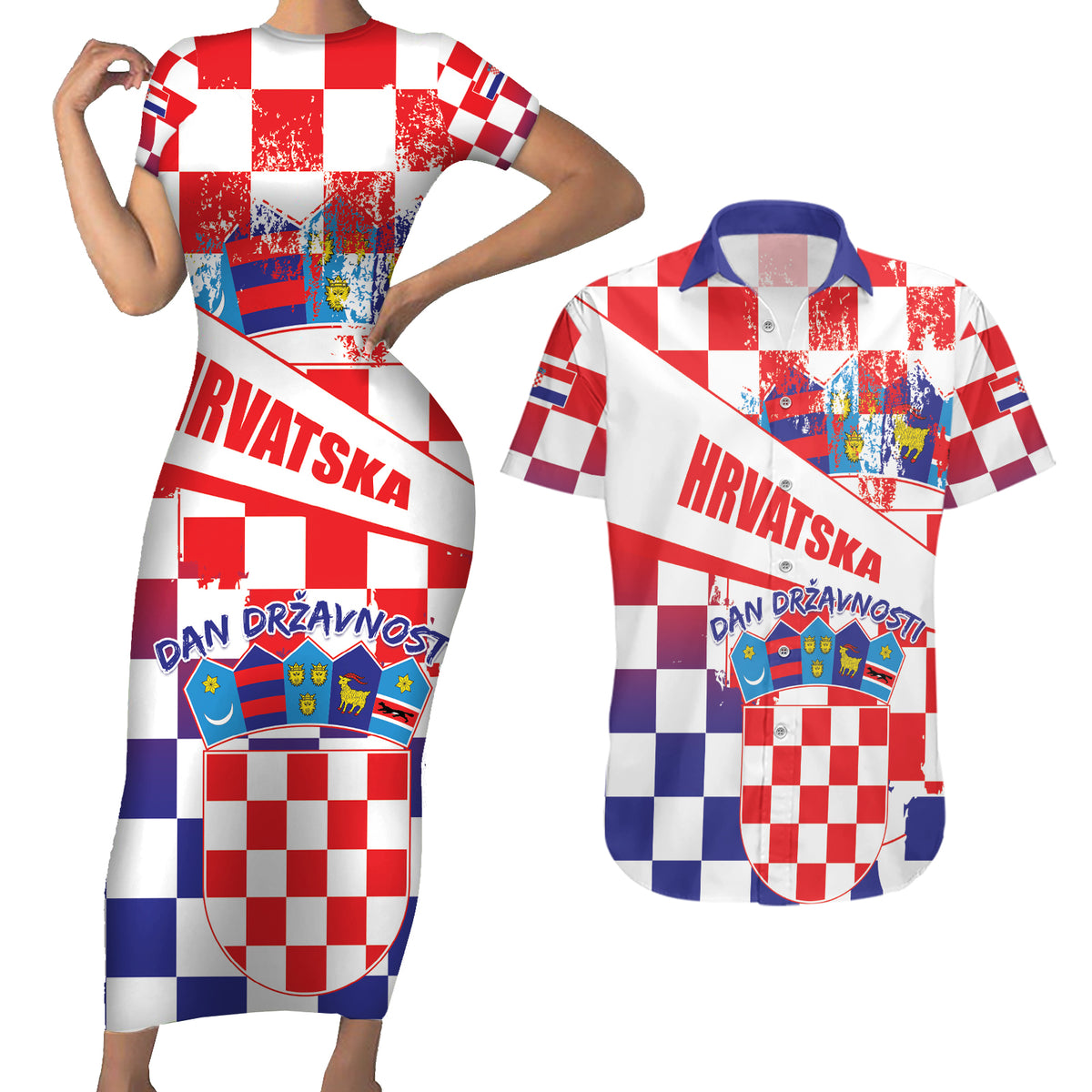 Croatia National Day 2024 Couples Matching Short Sleeve Bodycon Dress and Hawaiian Shirt Hrvatska Dan drzavnosti - Wonder Print Shop