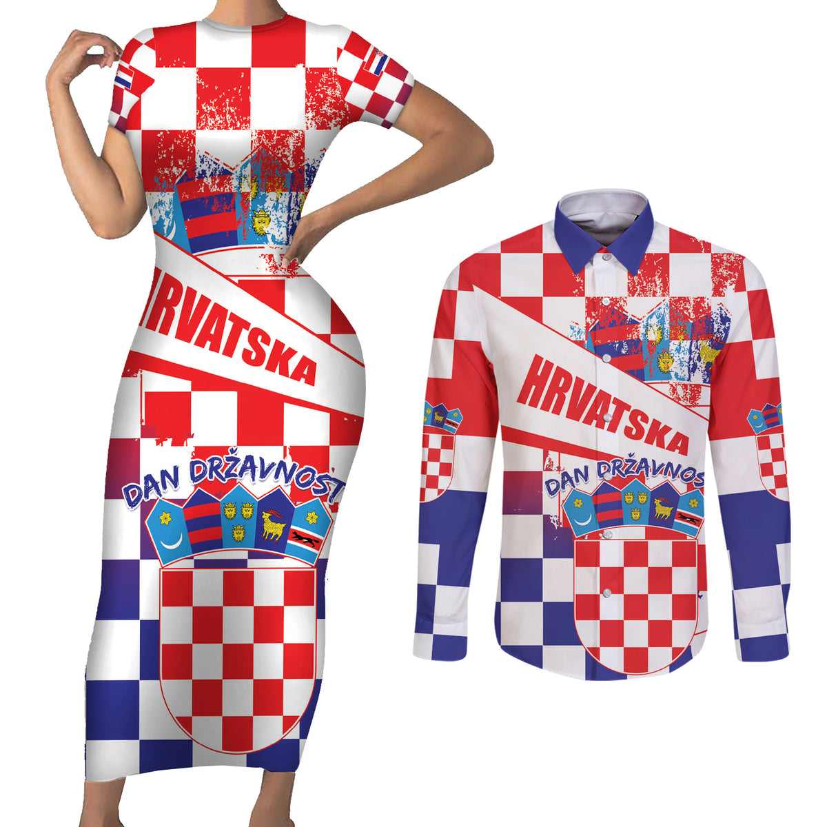 Croatia National Day 2024 Couples Matching Short Sleeve Bodycon Dress and Long Sleeve Button Shirt Hrvatska Dan drzavnosti - Wonder Print Shop
