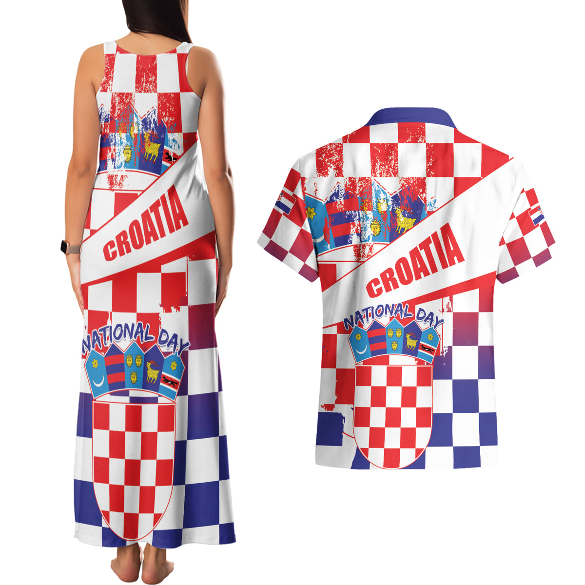 Croatia National Day 2024 Couples Matching Tank Maxi Dress and Hawaiian Shirt Hrvatska Dan drzavnosti - Wonder Print Shop