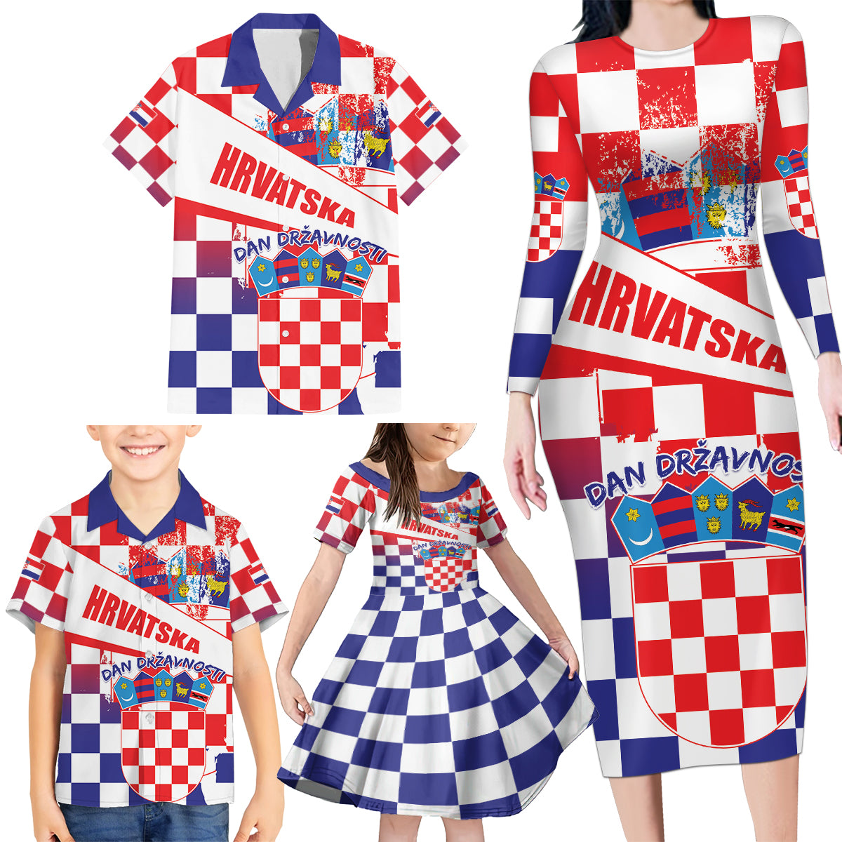 Croatia National Day 2024 Family Matching Long Sleeve Bodycon Dress and Hawaiian Shirt Hrvatska Dan drzavnosti - Wonder Print Shop