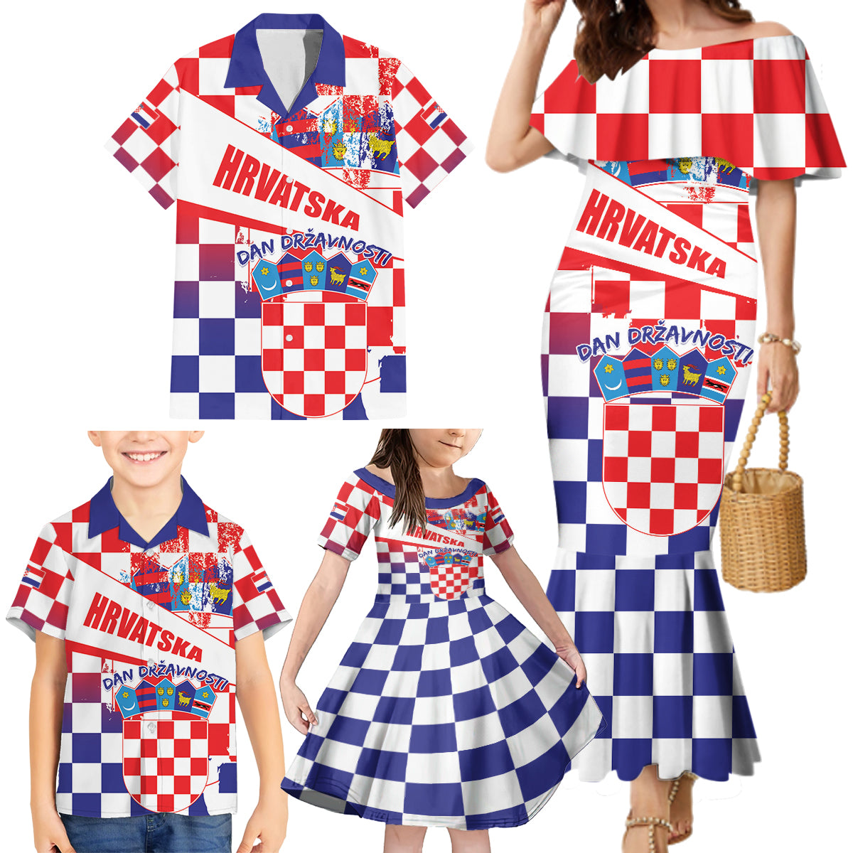Croatia National Day 2024 Family Matching Mermaid Dress and Hawaiian Shirt Hrvatska Dan drzavnosti - Wonder Print Shop
