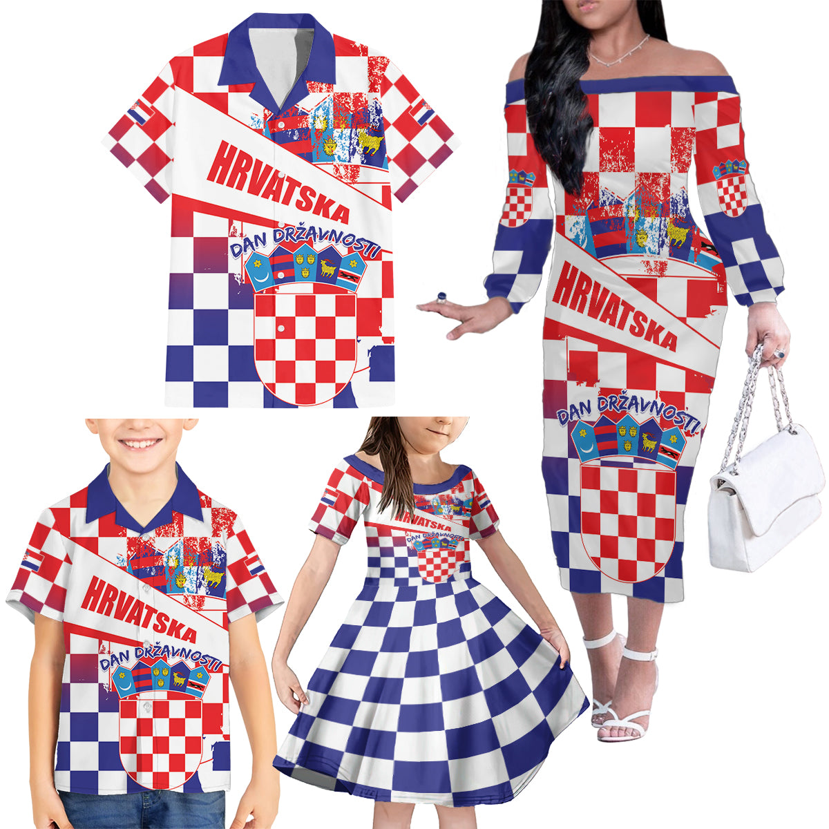 Croatia National Day 2024 Family Matching Off The Shoulder Long Sleeve Dress and Hawaiian Shirt Hrvatska Dan drzavnosti - Wonder Print Shop