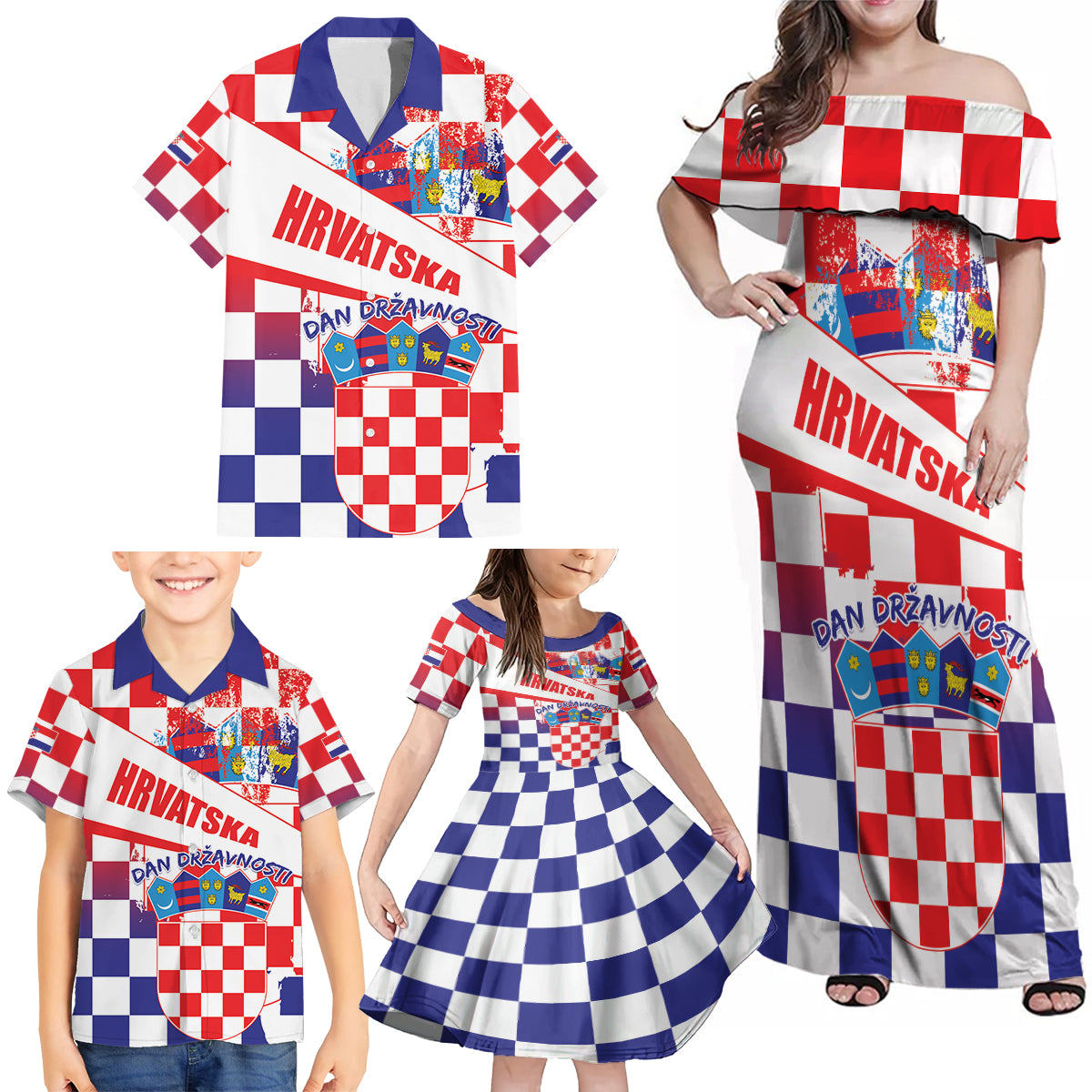 Croatia National Day 2024 Family Matching Off Shoulder Maxi Dress and Hawaiian Shirt Hrvatska Dan drzavnosti - Wonder Print Shop