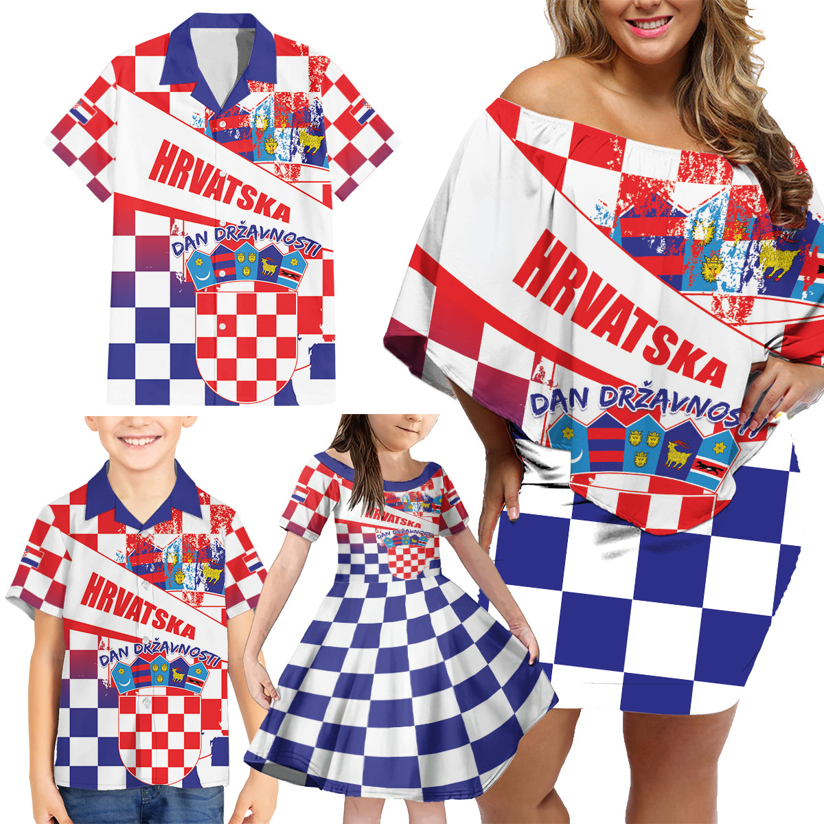 Croatia National Day 2024 Family Matching Off Shoulder Short Dress and Hawaiian Shirt Hrvatska Dan drzavnosti - Wonder Print Shop