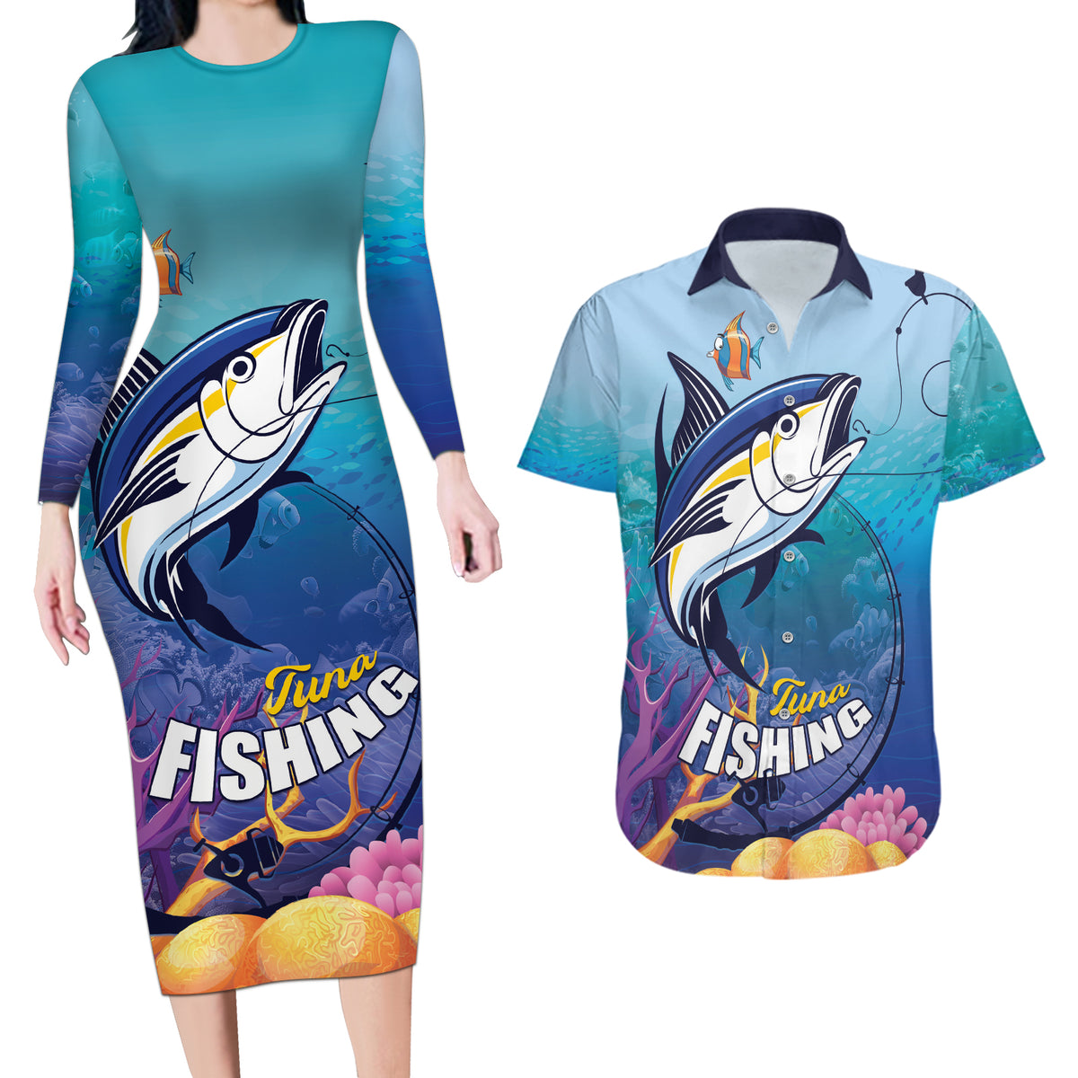 Tuna Fishing Couples Matching Long Sleeve Bodycon Dress and Hawaiian Shirt Tuna Fish With Marine Life - Wonder Print Shop