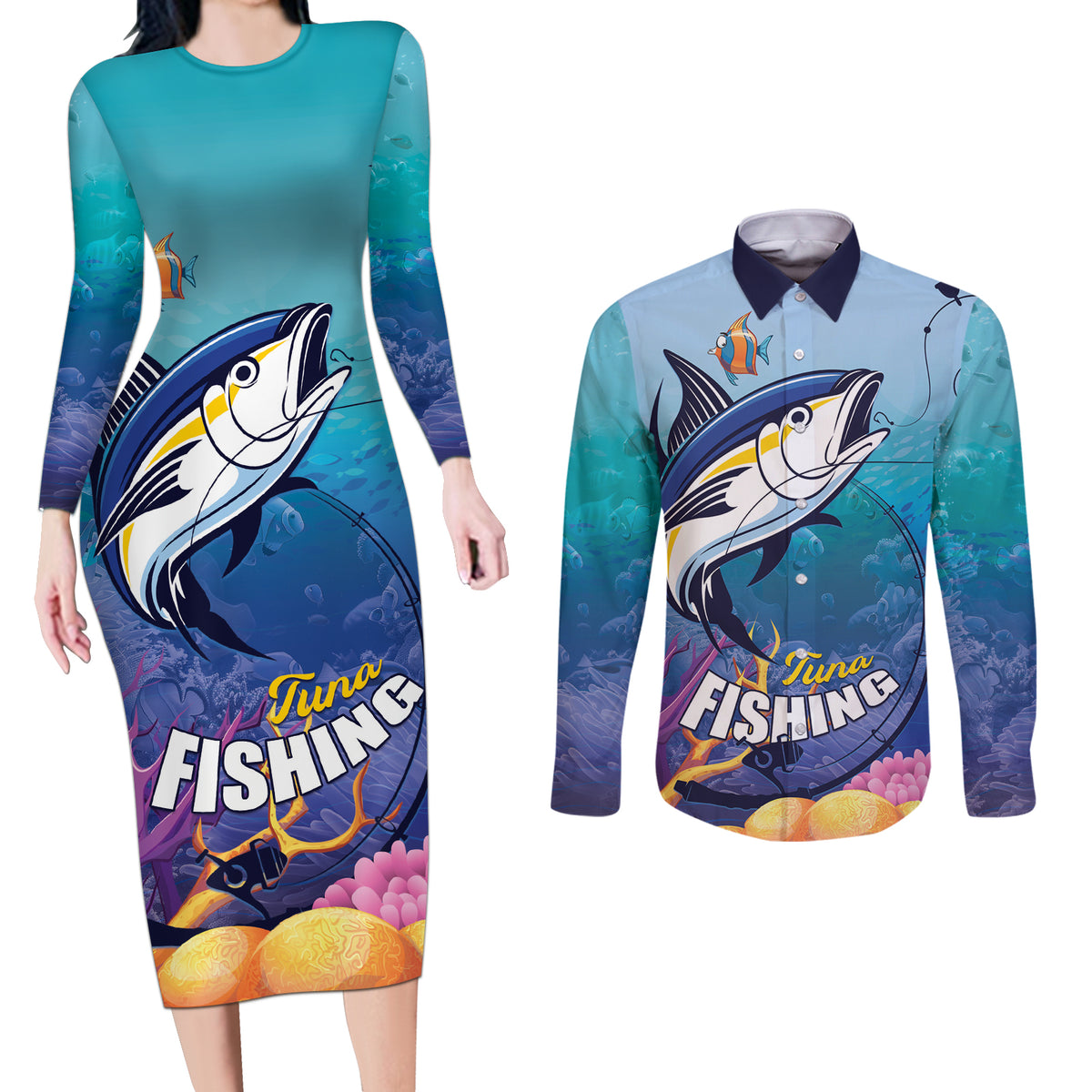 Tuna Fishing Couples Matching Long Sleeve Bodycon Dress and Long Sleeve Button Shirt Tuna Fish With Marine Life - Wonder Print Shop
