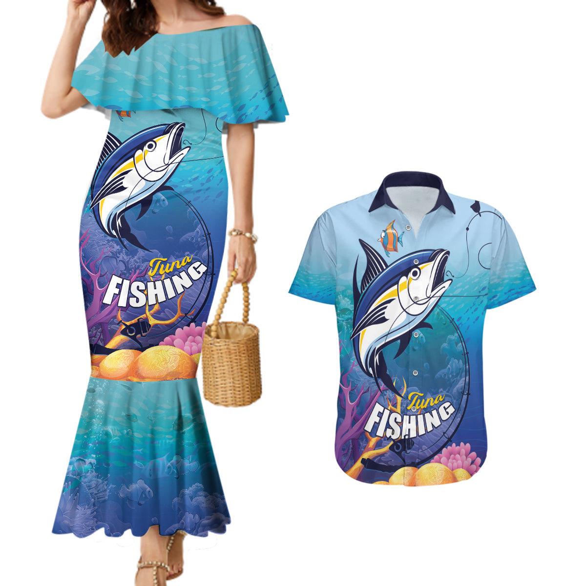 Tuna Fishing Couples Matching Mermaid Dress and Hawaiian Shirt Tuna Fish With Marine Life - Wonder Print Shop
