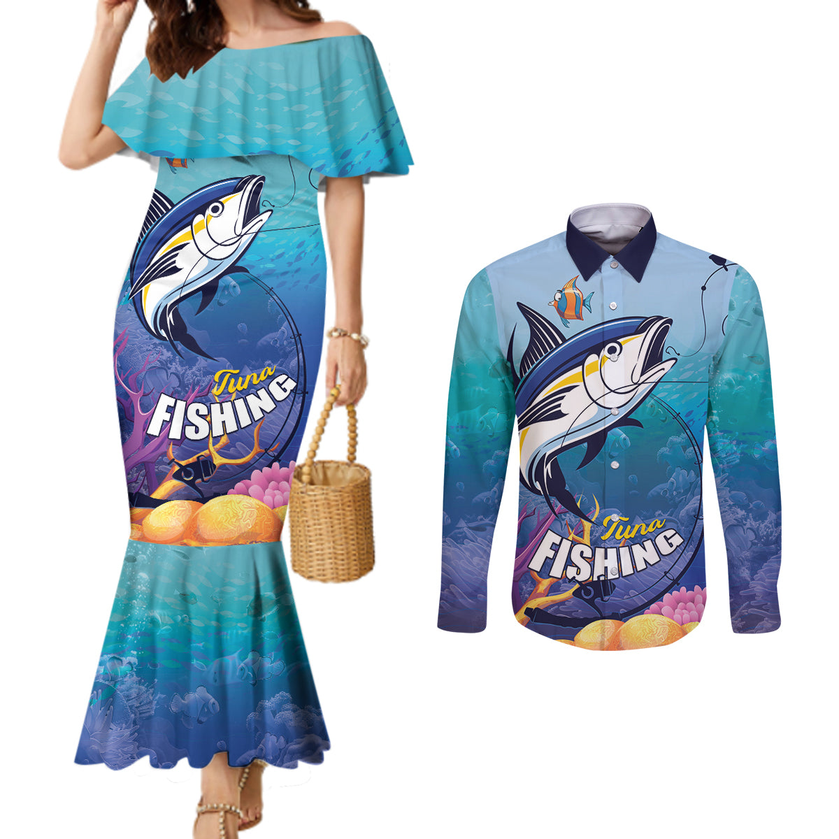 Tuna Fishing Couples Matching Mermaid Dress and Long Sleeve Button Shirt Tuna Fish With Marine Life