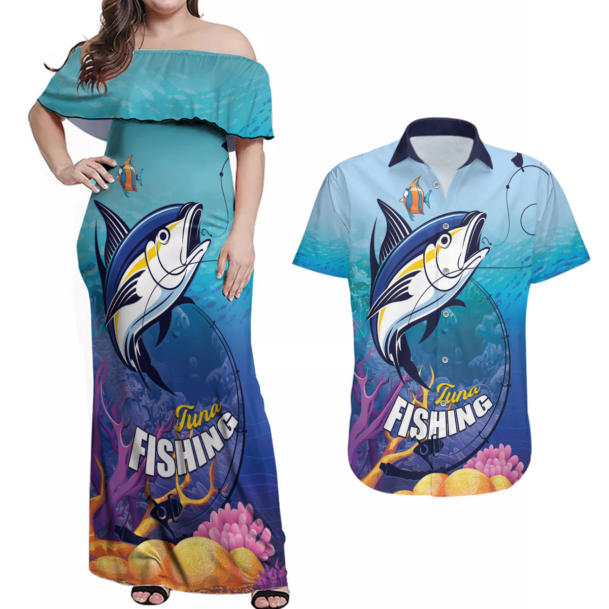 Tuna Fishing Couples Matching Off Shoulder Maxi Dress and Hawaiian Shirt Tuna Fish With Marine Life - Wonder Print Shop