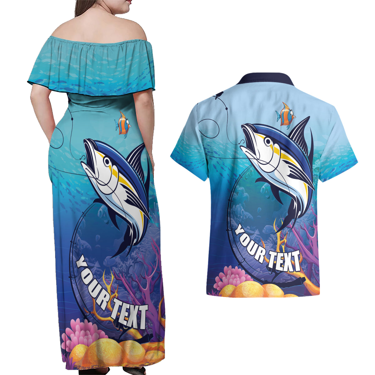 Tuna Fishing Couples Matching Off Shoulder Maxi Dress and Hawaiian Shirt Tuna Fish With Marine Life - Wonder Print Shop