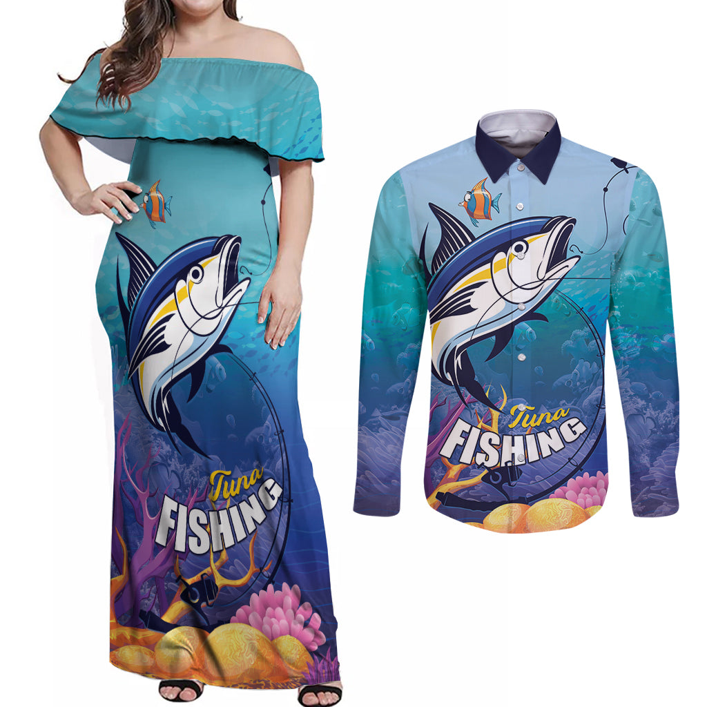 Tuna Fishing Couples Matching Off Shoulder Maxi Dress and Long Sleeve Button Shirt Tuna Fish With Marine Life - Wonder Print Shop