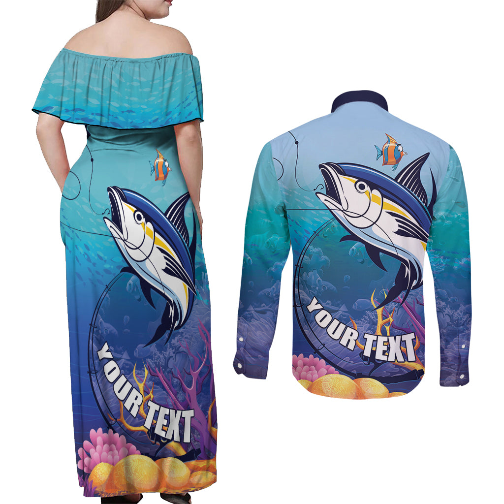 Tuna Fishing Couples Matching Off Shoulder Maxi Dress and Long Sleeve Button Shirt Tuna Fish With Marine Life - Wonder Print Shop