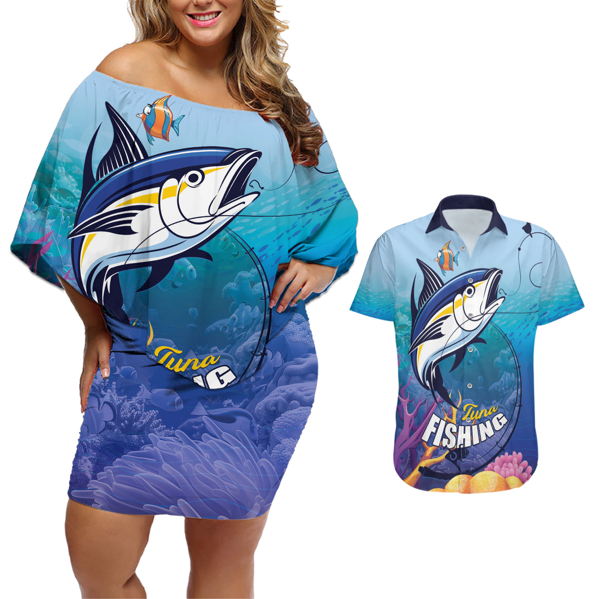 Tuna Fishing Couples Matching Off Shoulder Short Dress and Hawaiian Shirt Tuna Fish With Marine Life - Wonder Print Shop