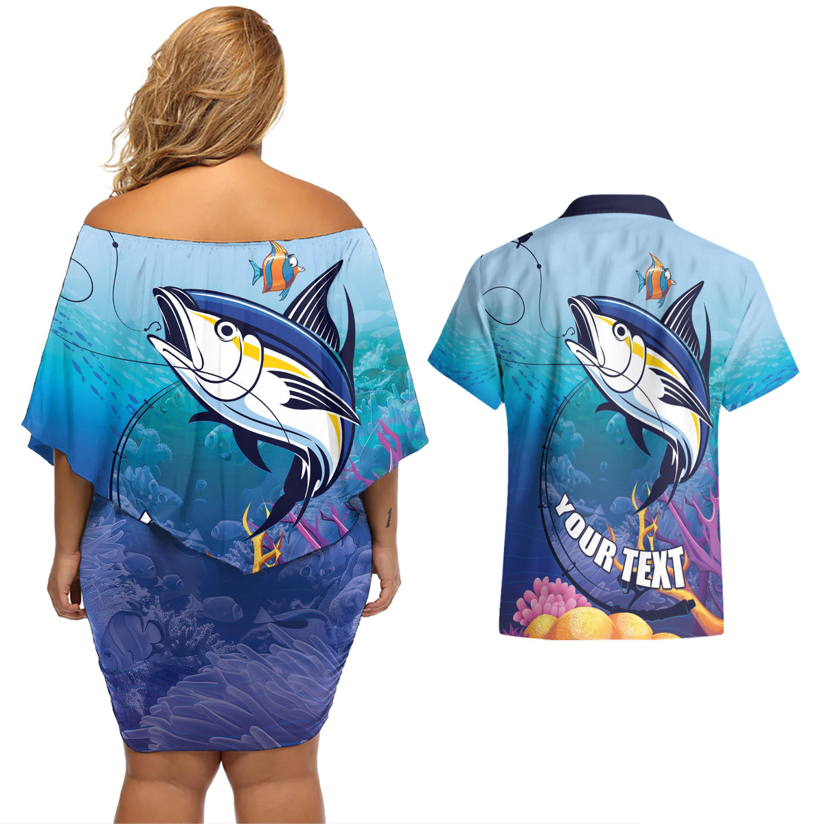 Tuna Fishing Couples Matching Off Shoulder Short Dress and Hawaiian Shirt Tuna Fish With Marine Life - Wonder Print Shop