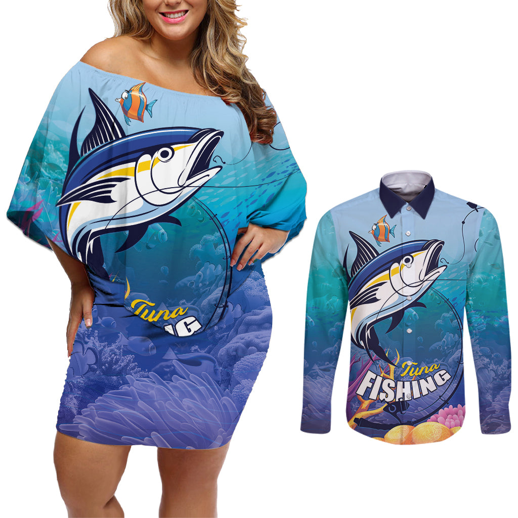 Tuna Fishing Couples Matching Off Shoulder Short Dress and Long Sleeve Button Shirt Tuna Fish With Marine Life - Wonder Print Shop