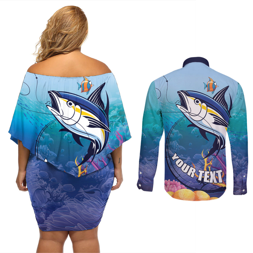 Tuna Fishing Couples Matching Off Shoulder Short Dress and Long Sleeve Button Shirt Tuna Fish With Marine Life - Wonder Print Shop