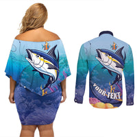 Tuna Fishing Couples Matching Off Shoulder Short Dress and Long Sleeve Button Shirt Tuna Fish With Marine Life - Wonder Print Shop