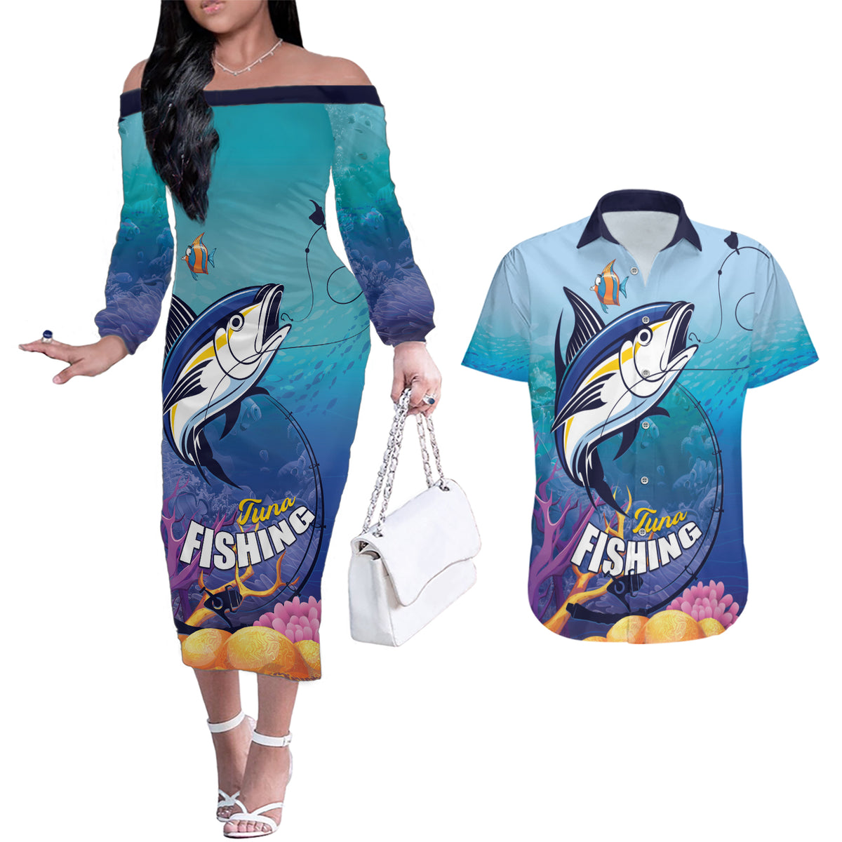 Tuna Fishing Couples Matching Off The Shoulder Long Sleeve Dress and Hawaiian Shirt Tuna Fish With Marine Life - Wonder Print Shop
