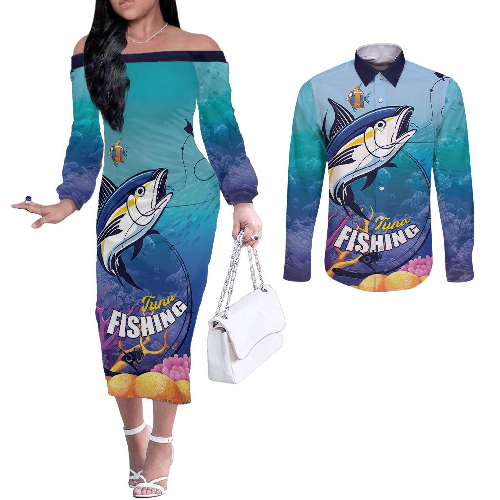Tuna Fishing Couples Matching Off The Shoulder Long Sleeve Dress and Long Sleeve Button Shirt Tuna Fish With Marine Life