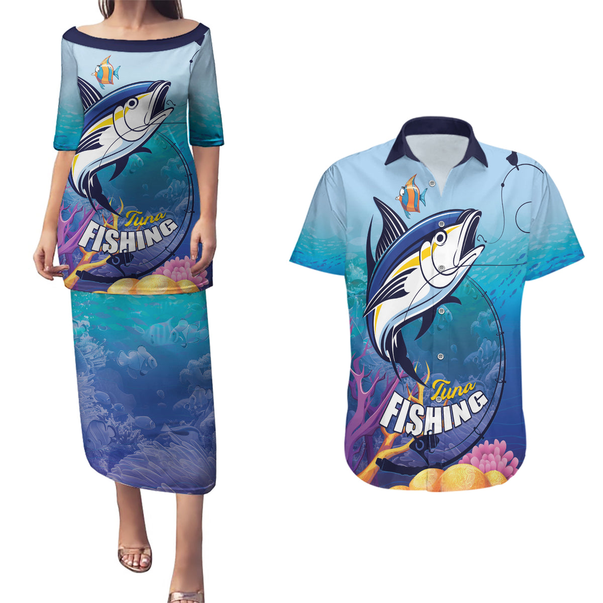 Tuna Fishing Couples Matching Puletasi and Hawaiian Shirt Tuna Fish With Marine Life - Wonder Print Shop