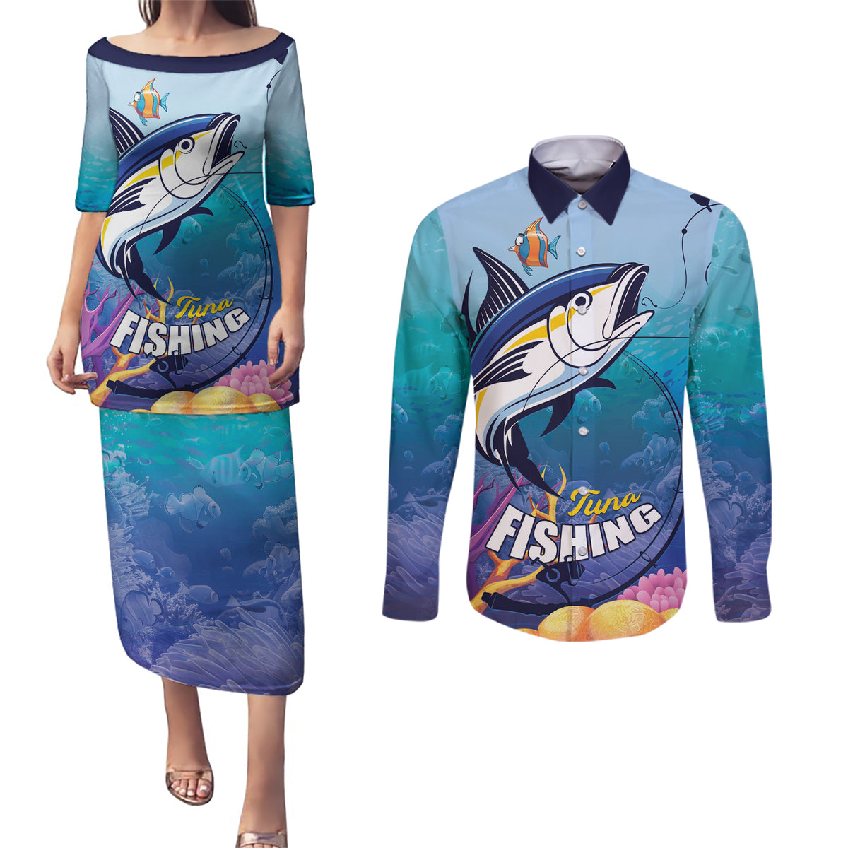 Tuna Fishing Couples Matching Puletasi and Long Sleeve Button Shirt Tuna Fish With Marine Life - Wonder Print Shop