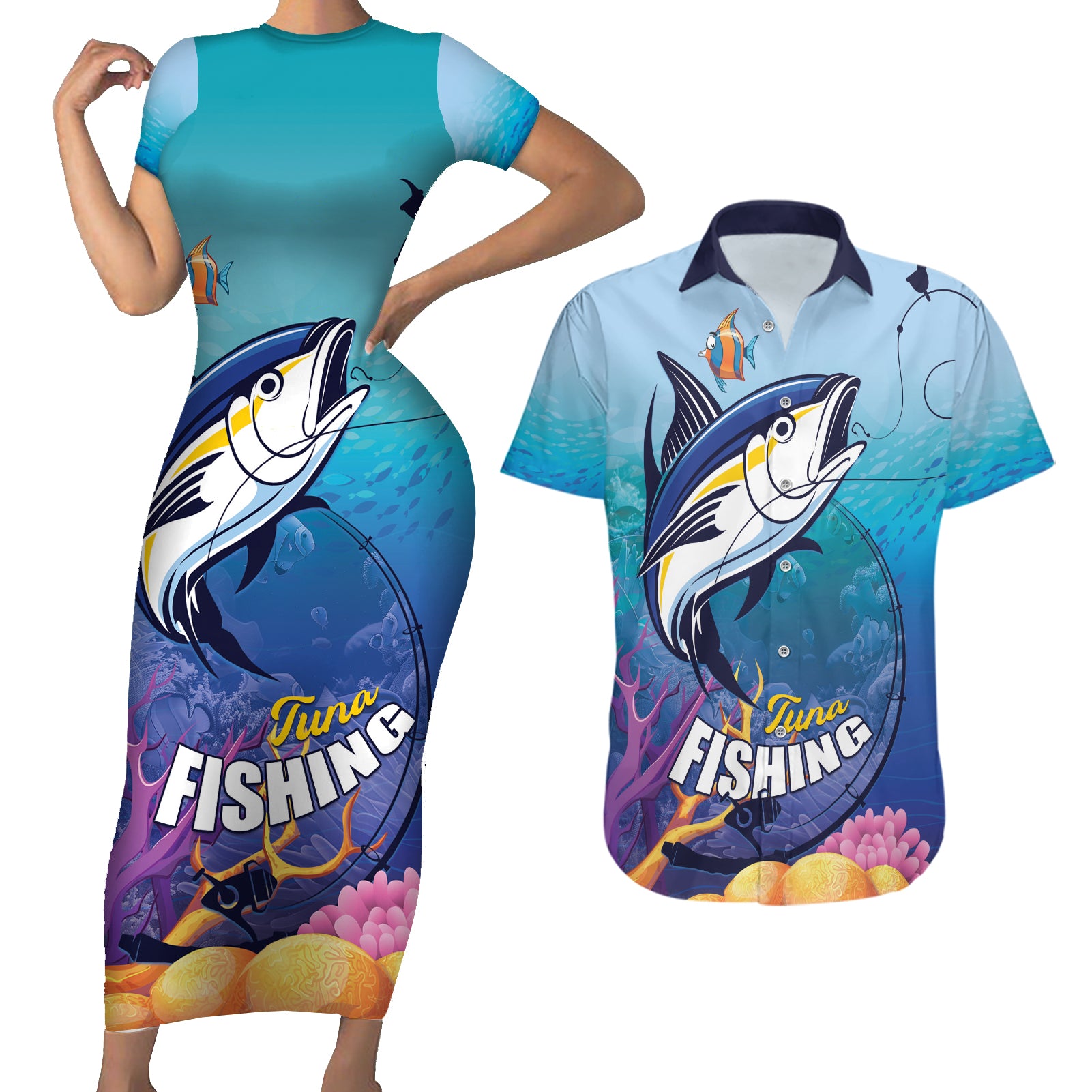Tuna Fishing Couples Matching Short Sleeve Bodycon Dress and Hawaiian Shirt Tuna Fish With Marine Life - Wonder Print Shop