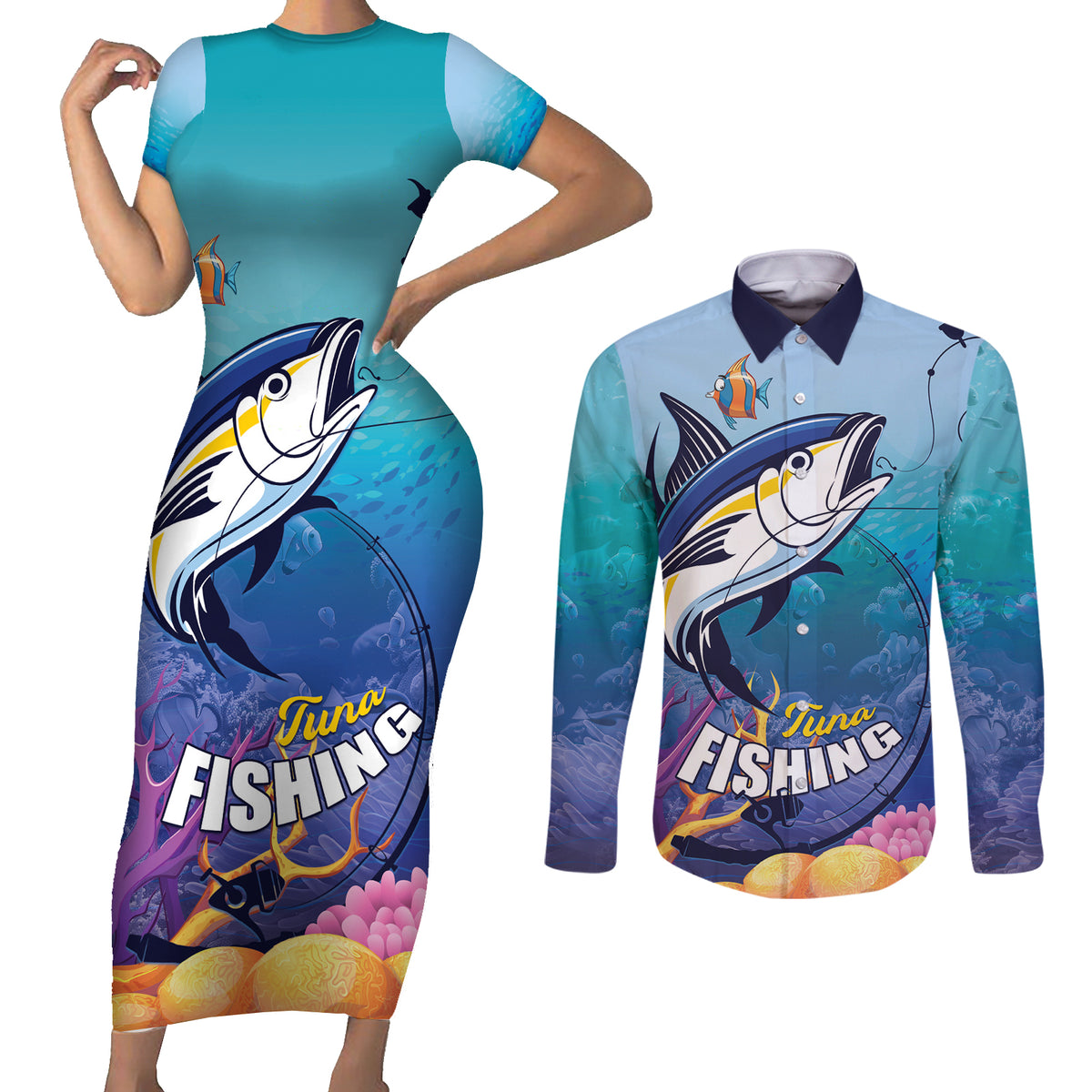Tuna Fishing Couples Matching Short Sleeve Bodycon Dress and Long Sleeve Button Shirt Tuna Fish With Marine Life - Wonder Print Shop